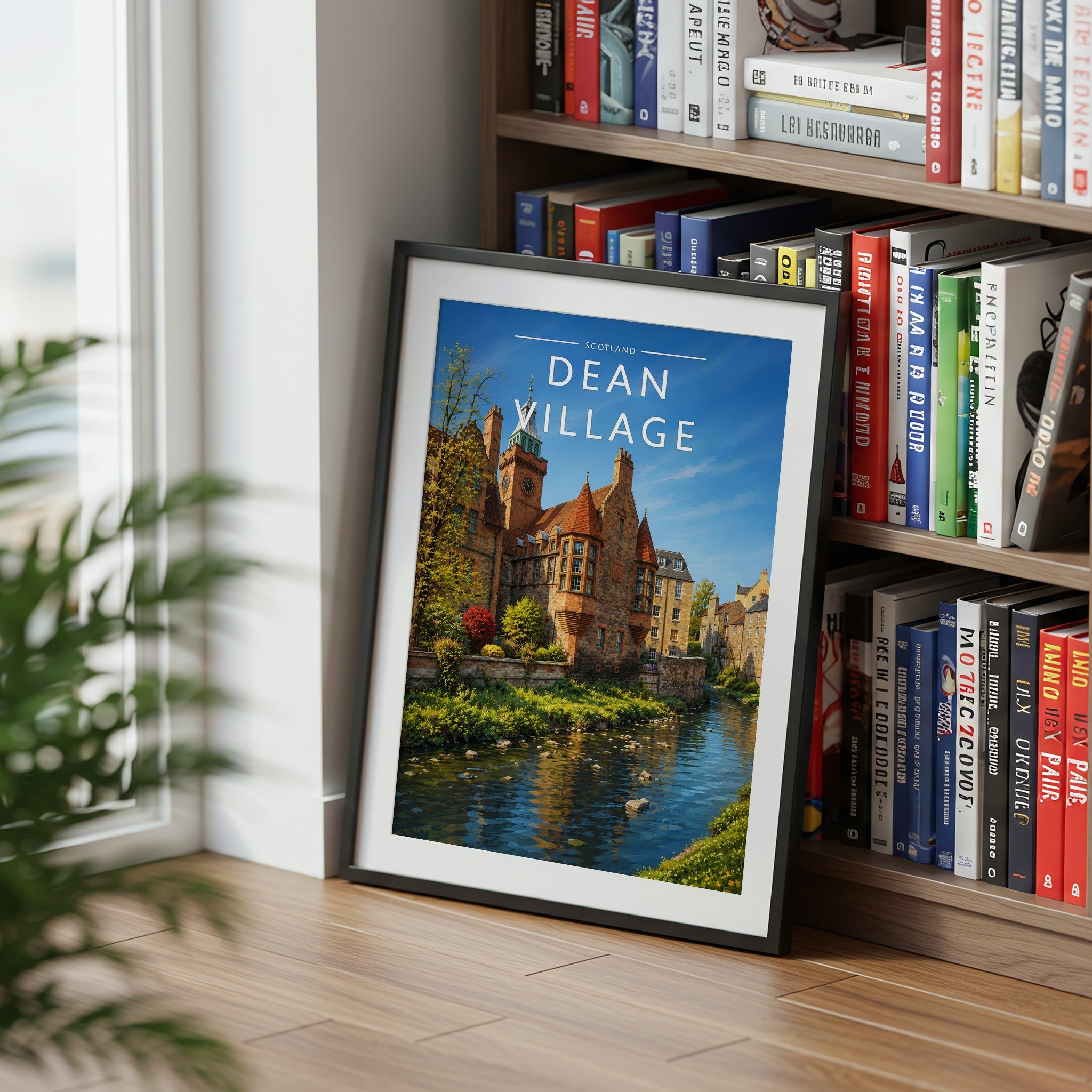 Dean Village Travel Poster mounted in a black frame