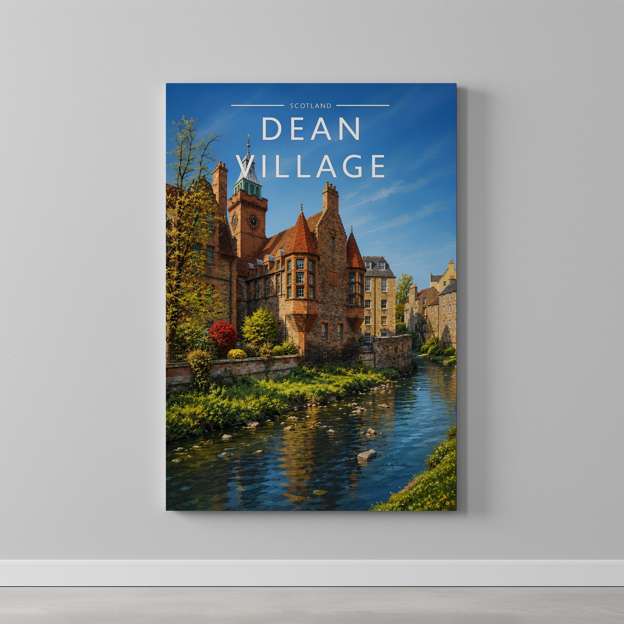Dean Village Travel Poster as a gallery-wrapped canvas on a plain wall