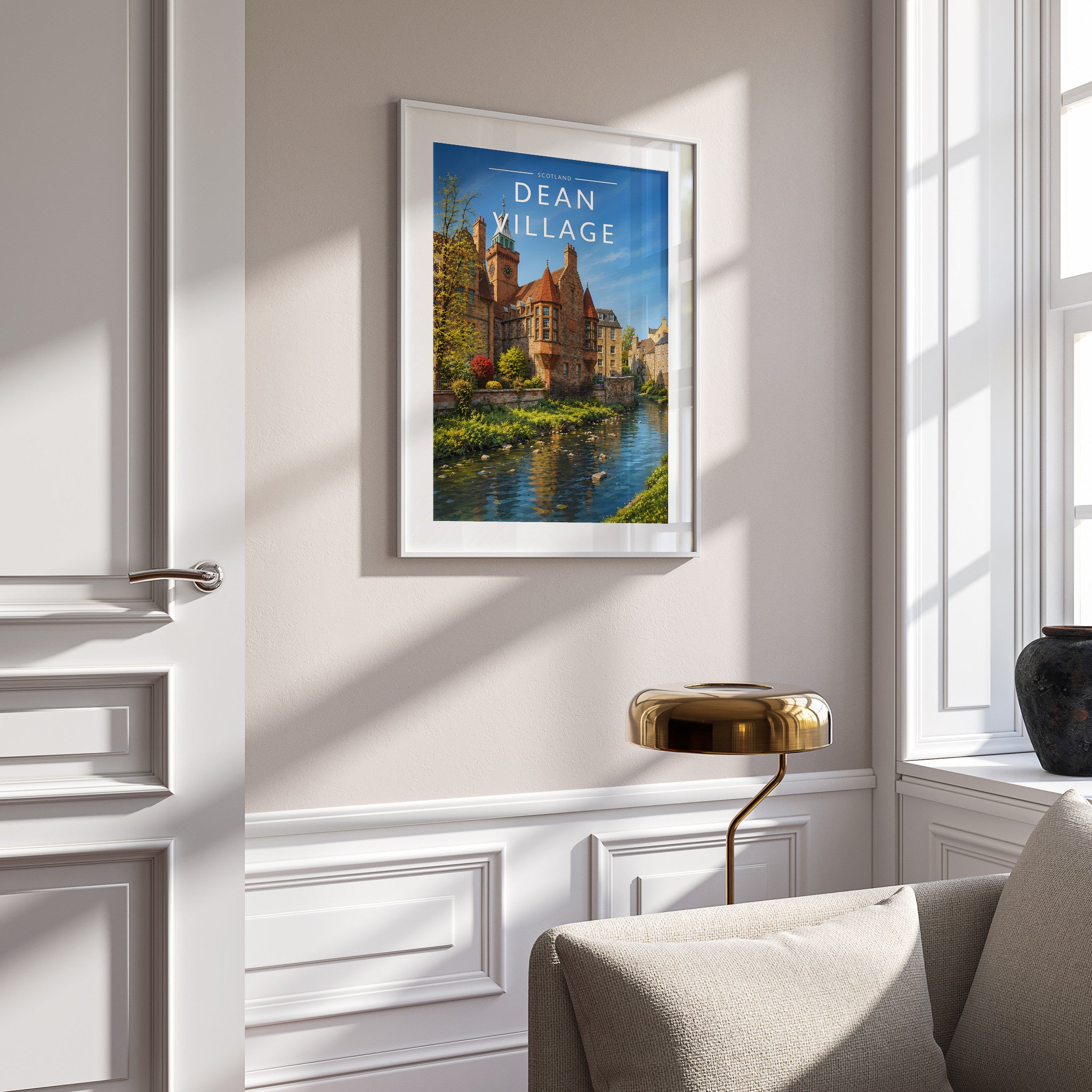 Dean Village Travel Poster in a white frame on a panelled wall