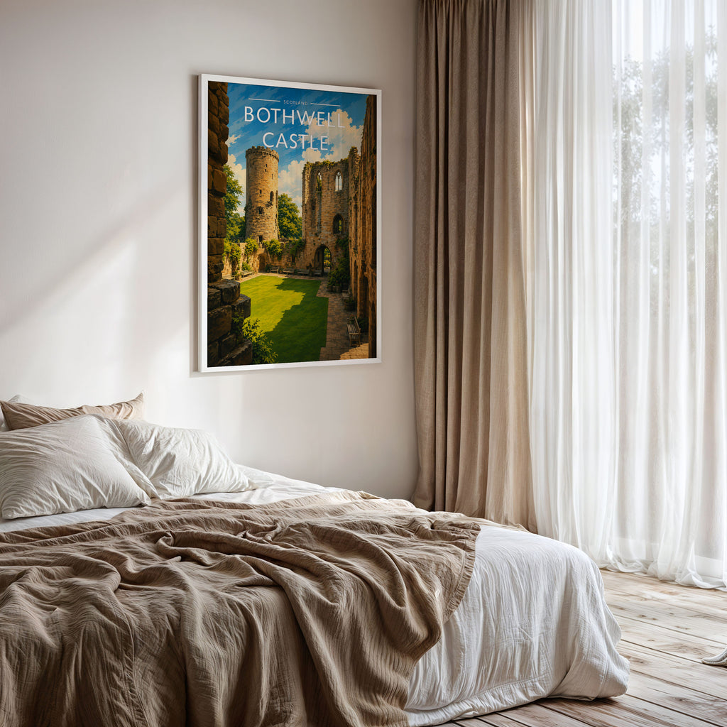 Bothwell Castle Travel Poster framed on a bedroom wall