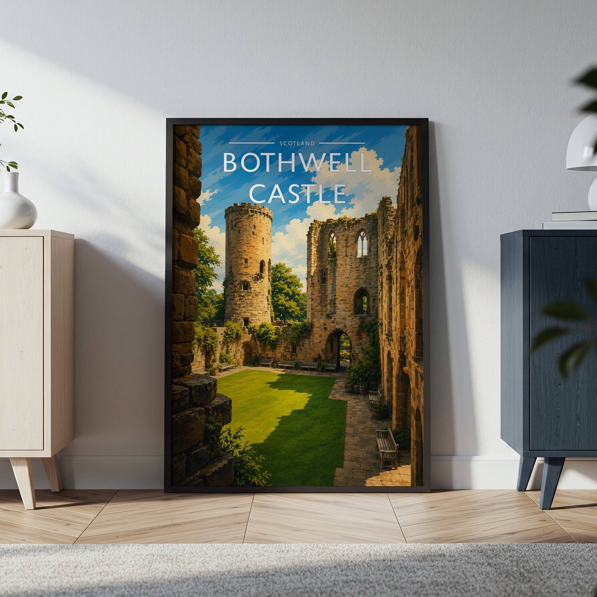 Bothwell Castle Travel Poster in a black frame