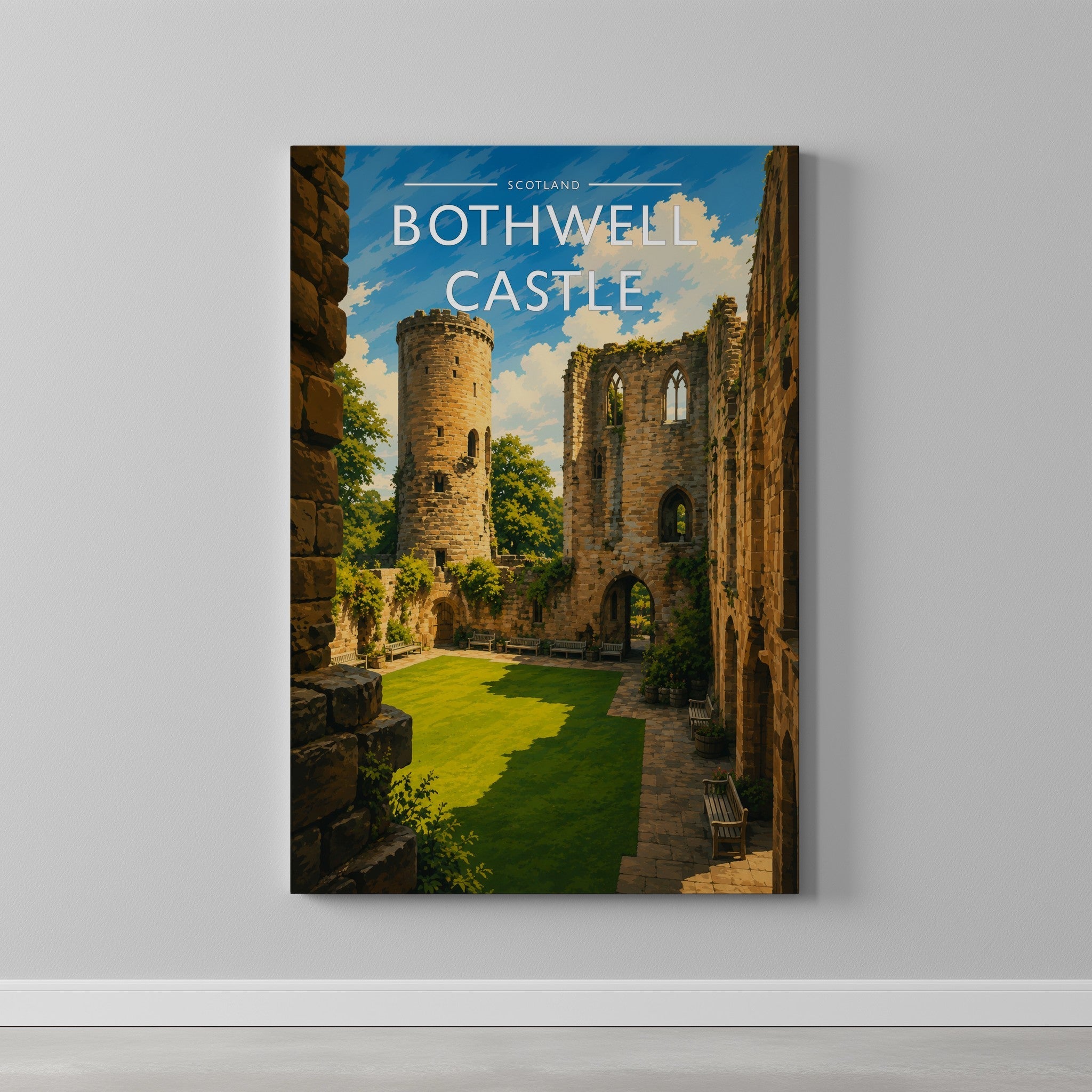 Bothwell Castle Travel Poster as a gallery-wrapped canvas on a plain wall