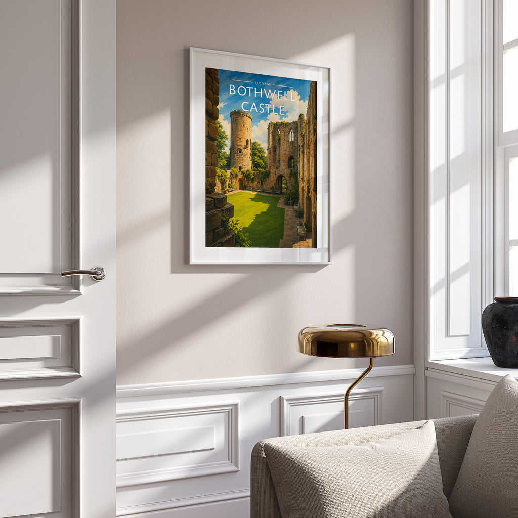Bothwell Castle Travel Poster in a white frame on a panelled wall
