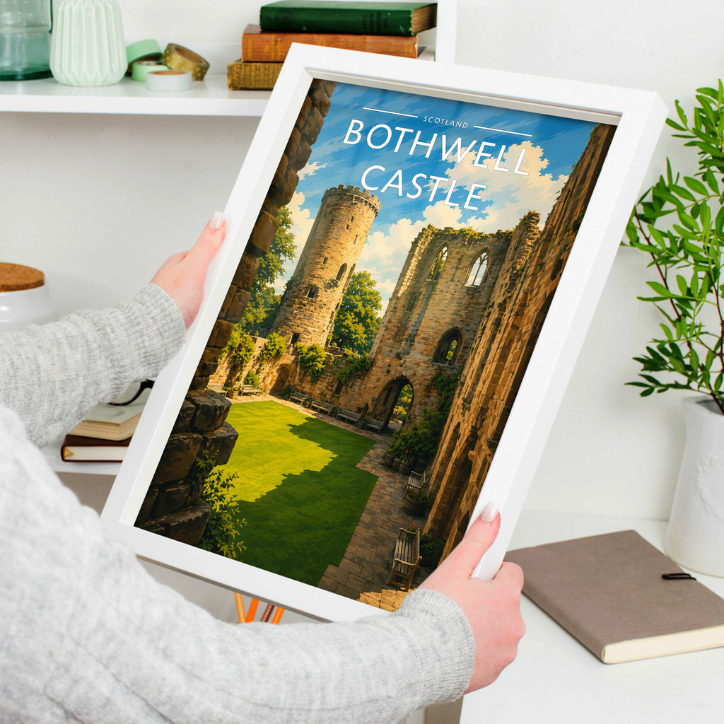 Bothwell Castle Travel Poster in a white frame, held to show scale