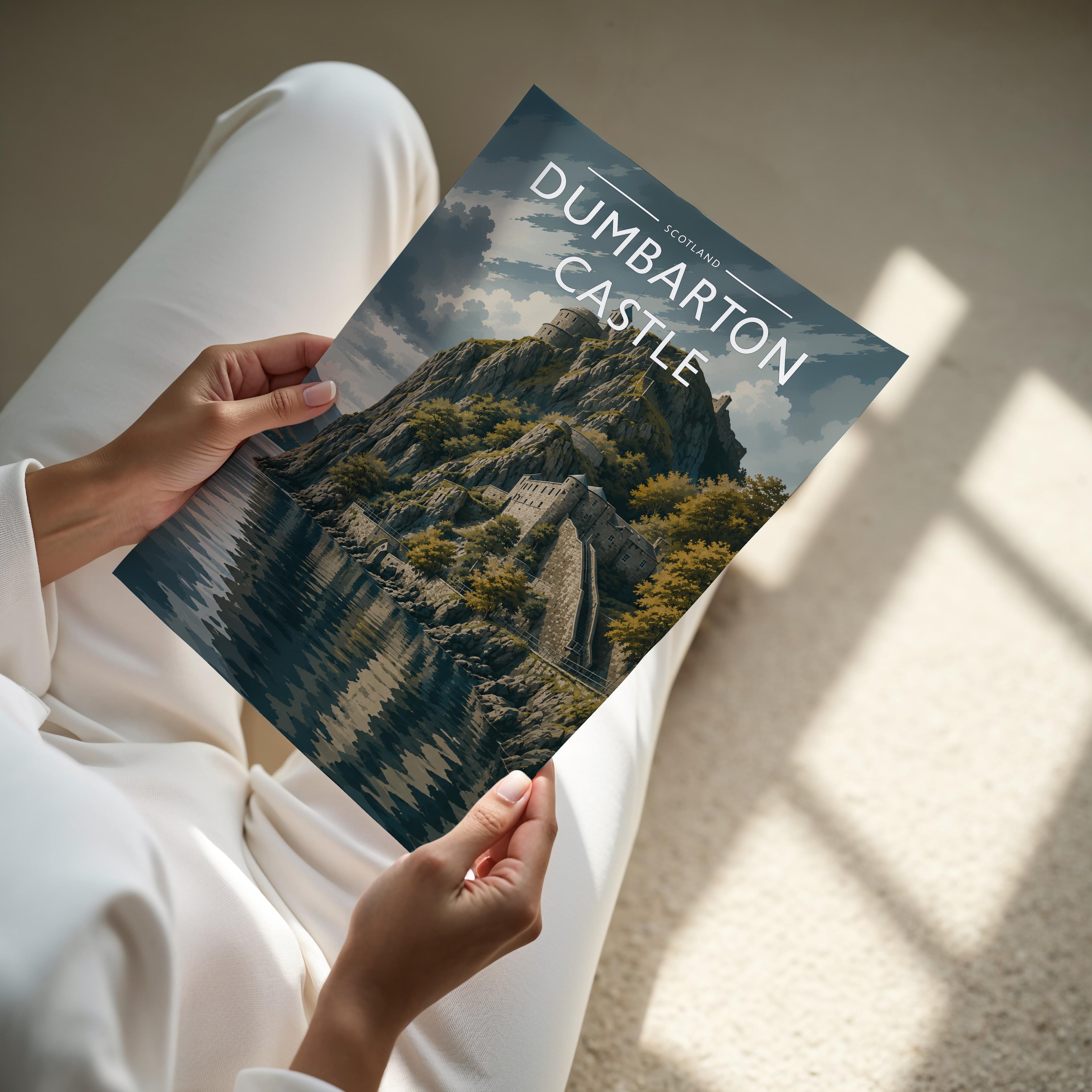 Dumbarton Castle Travel Poster - A4 print held in hand