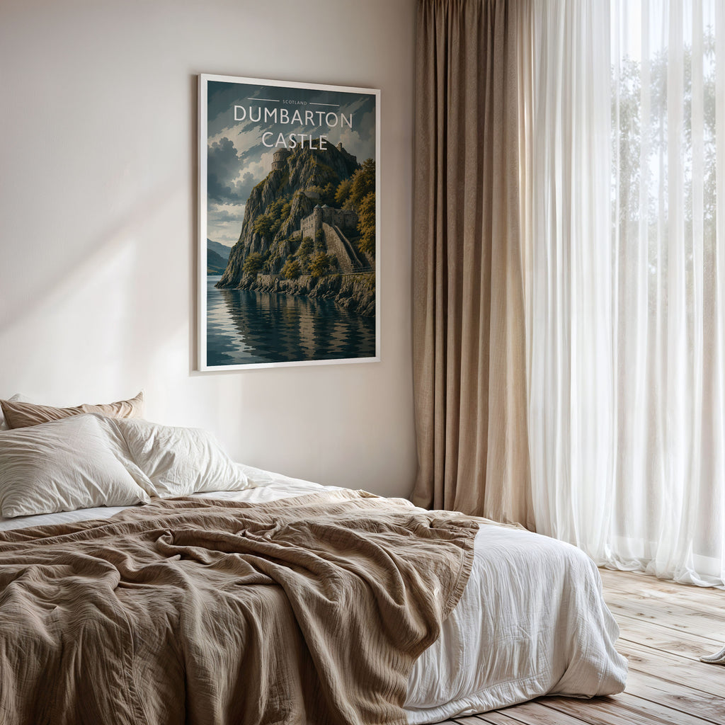 Dumbarton Castle Travel Poster framed on a bedroom wall