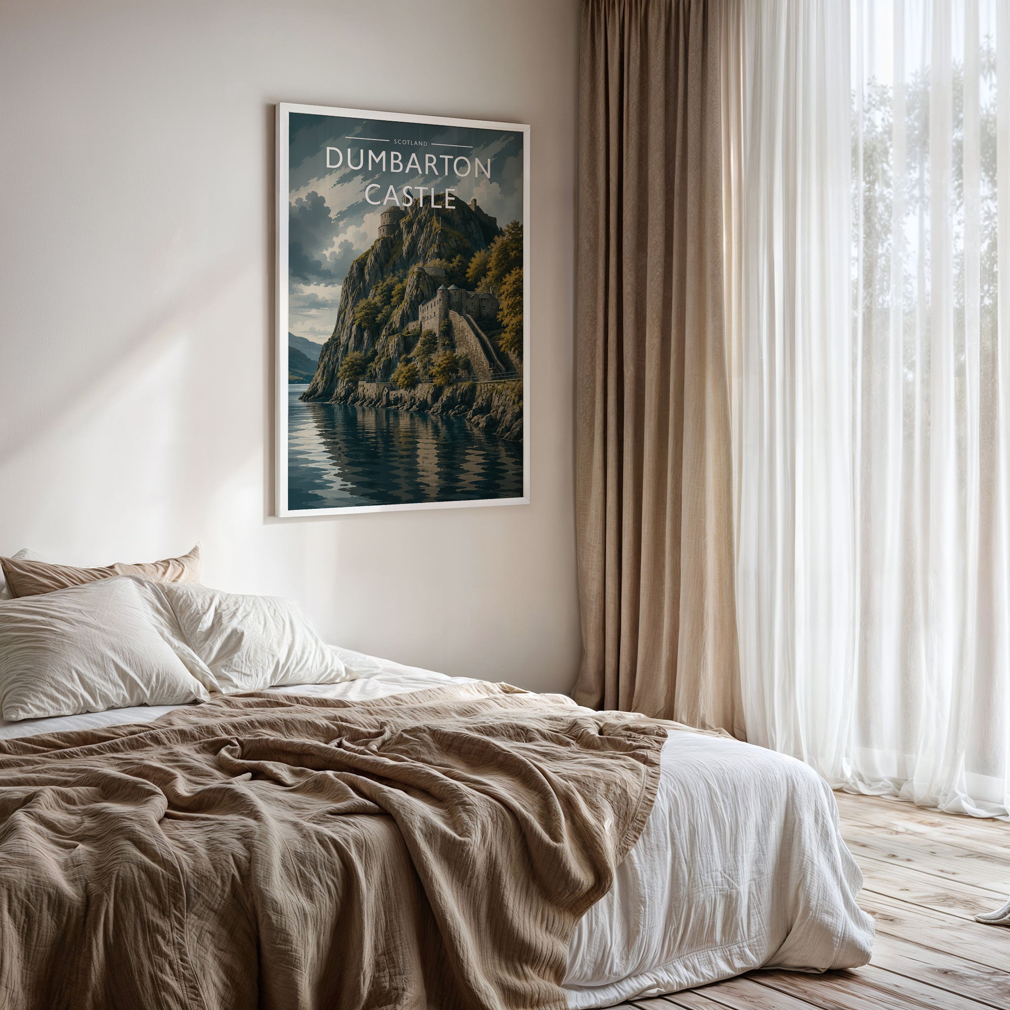 Dumbarton Castle Travel Poster framed on a bedroom wall