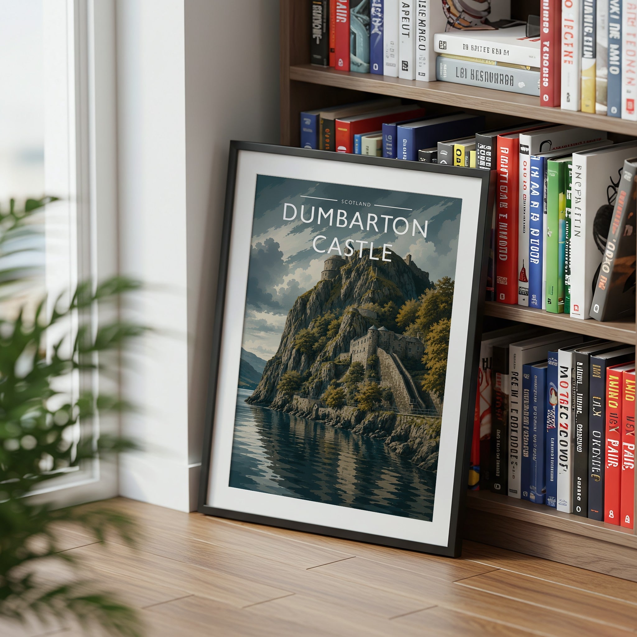 Dumbarton Castle Travel Poster mounted in a black frame