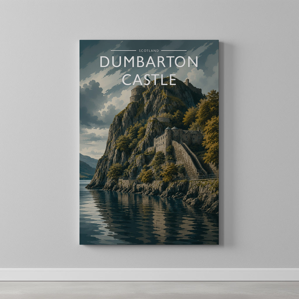 Dumbarton Castle Travel Poster as a gallery-wrapped canvas on a plain wall