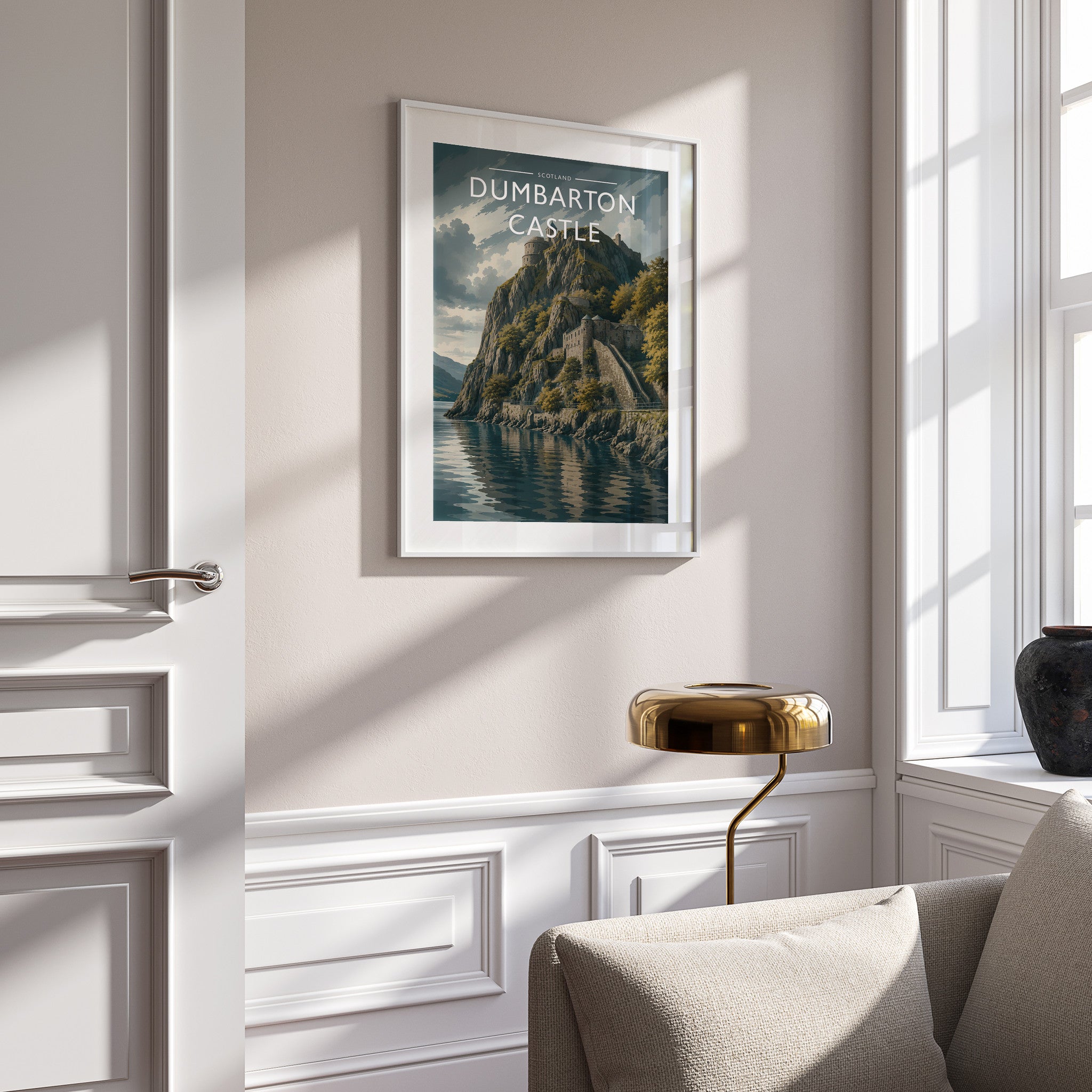Dumbarton Castle Travel Poster in a white frame on a panelled wall
