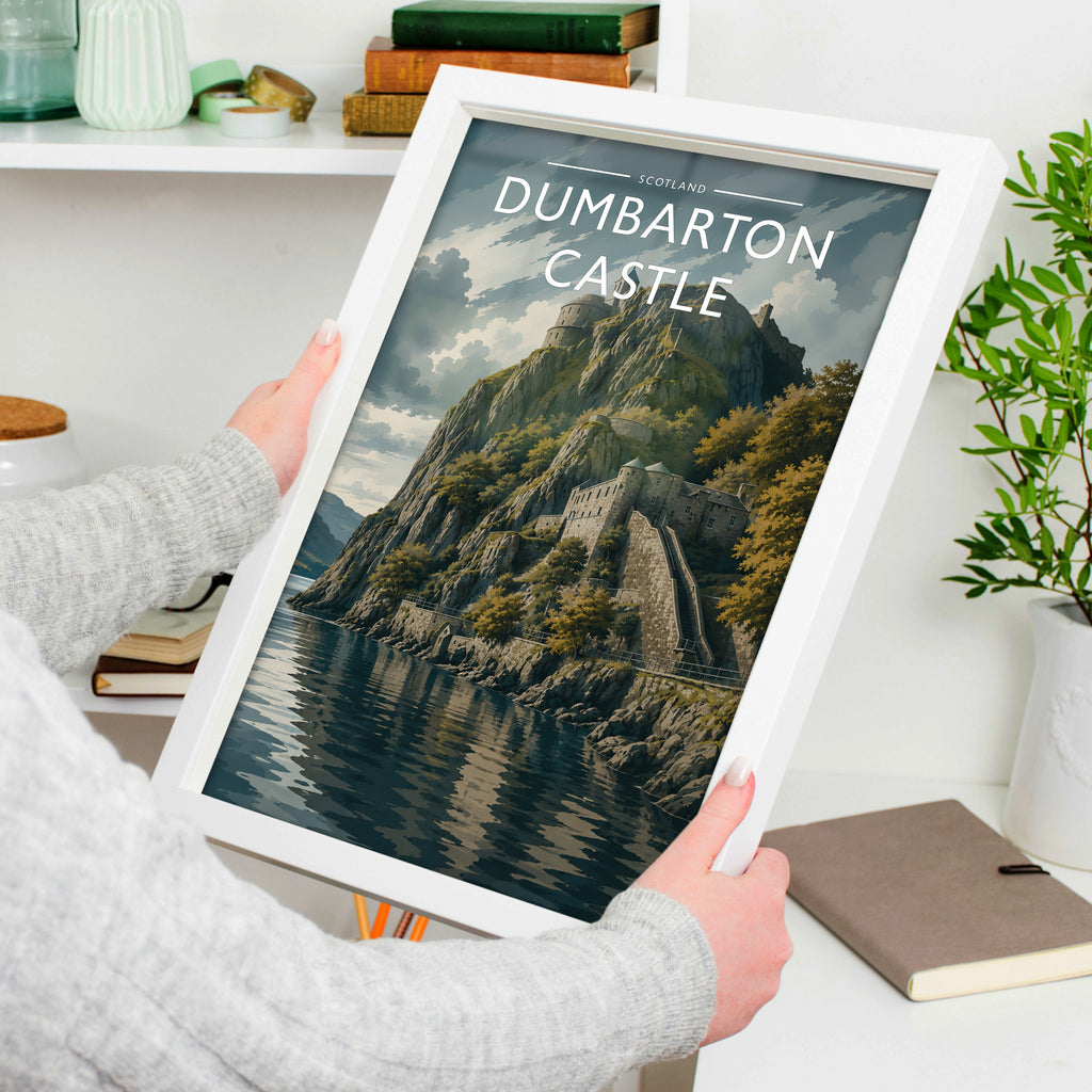 Dumbarton Castle Travel Poster in a white frame, held to show scale