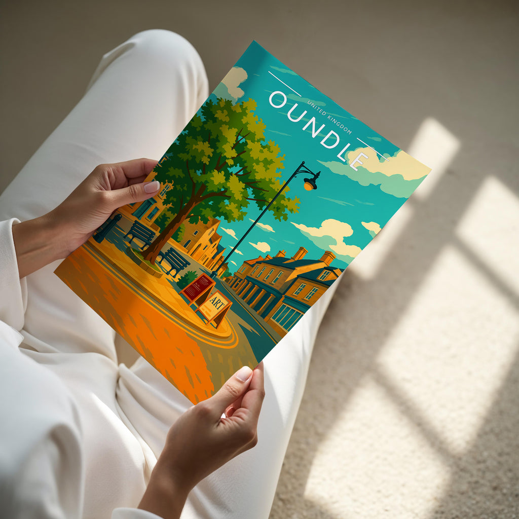 Oundle Travel Poster - A4 print held in hand
