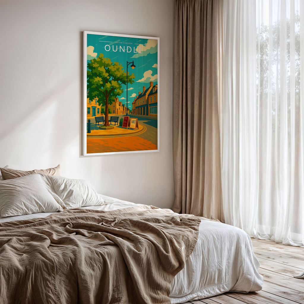 Oundle Travel Poster framed on a bedroom wall