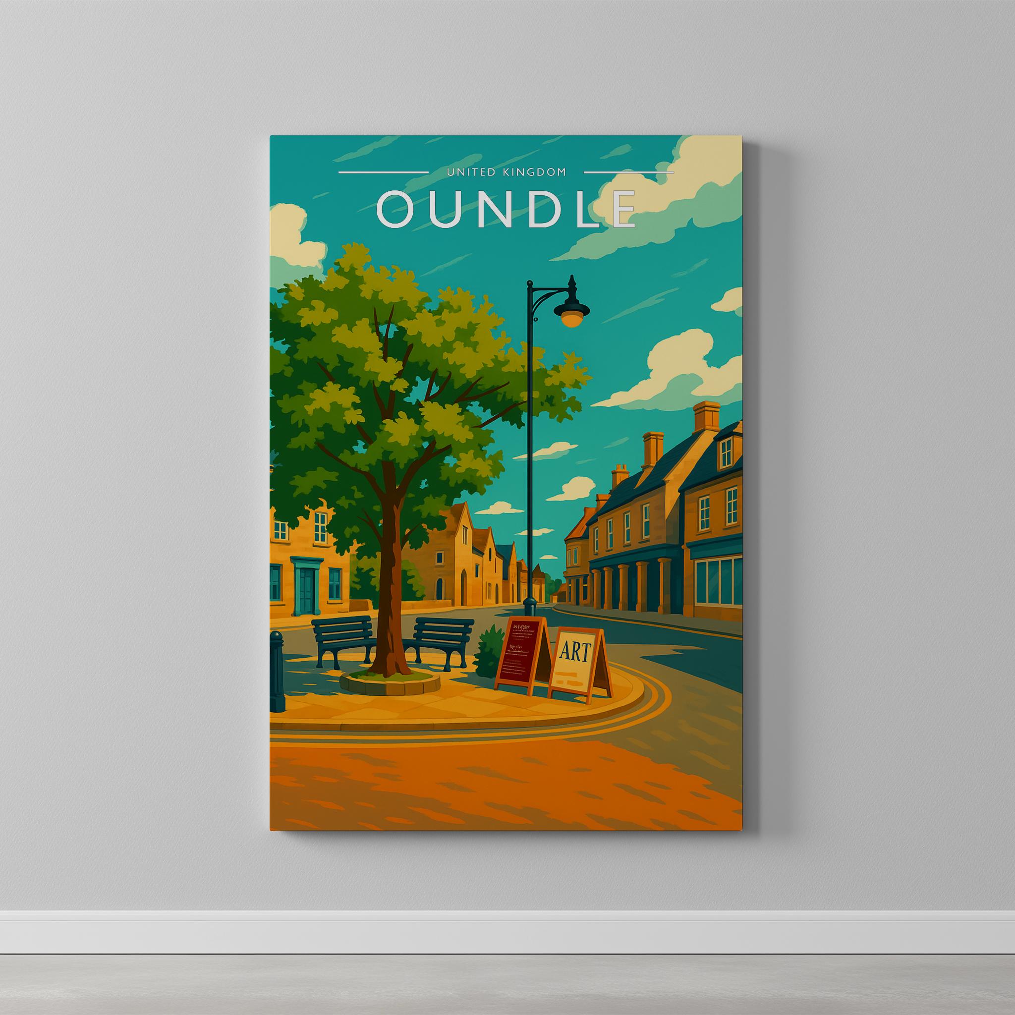Oundle Travel Poster as a gallery-wrapped canvas on a plain wall