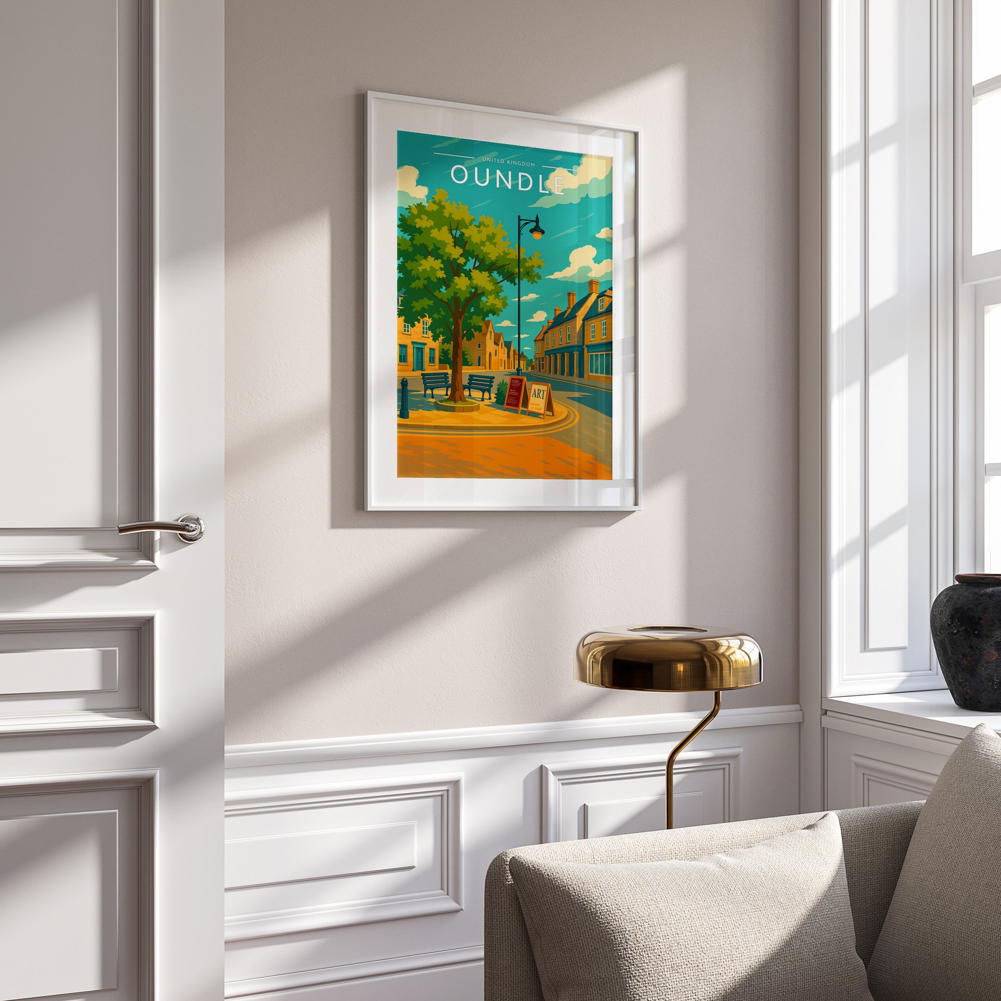 Oundle Travel Poster in a white frame on a panelled wall