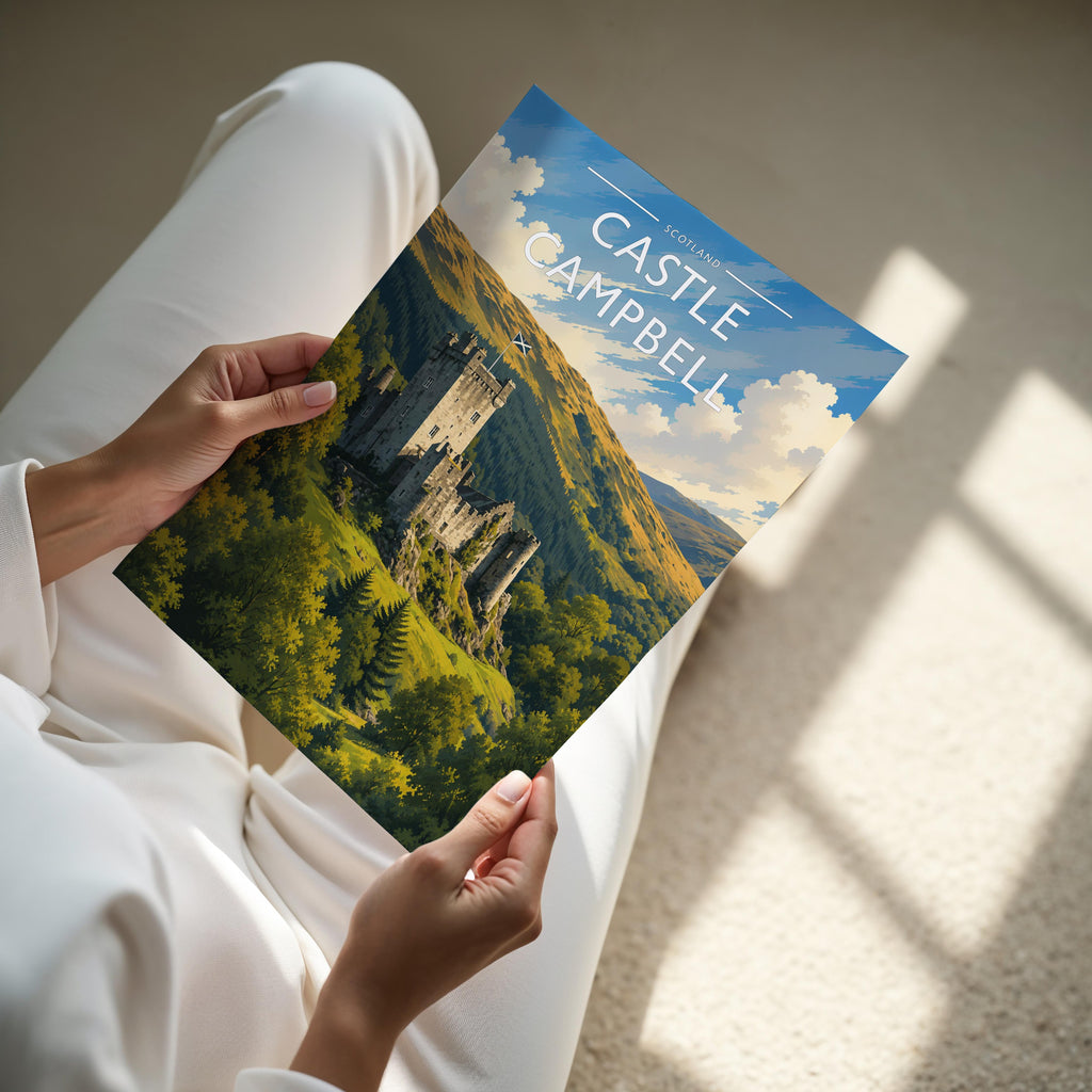 Castle Campbell Travel Poster - A4 print held in hand