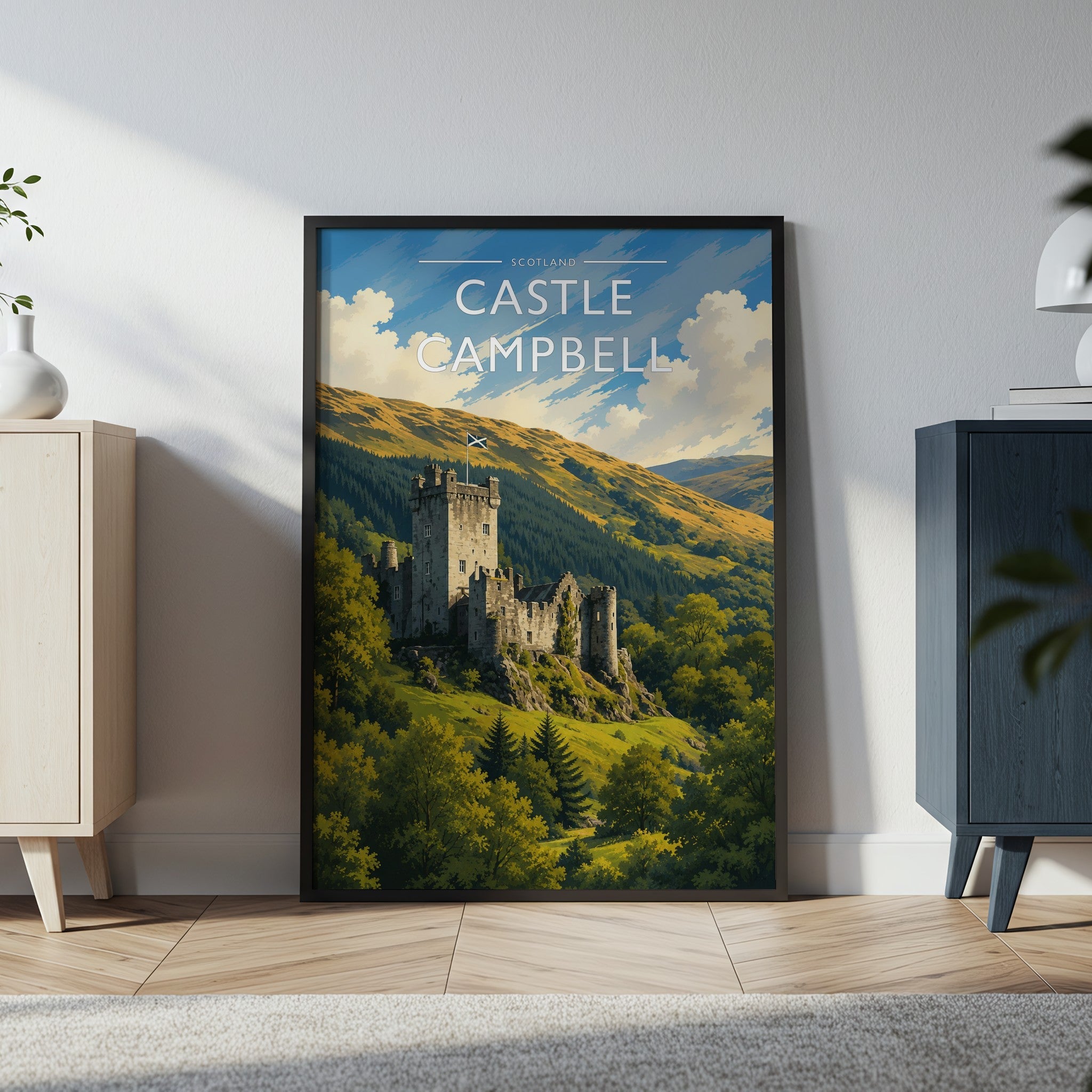 Castle Campbell Travel Poster in a black frame
