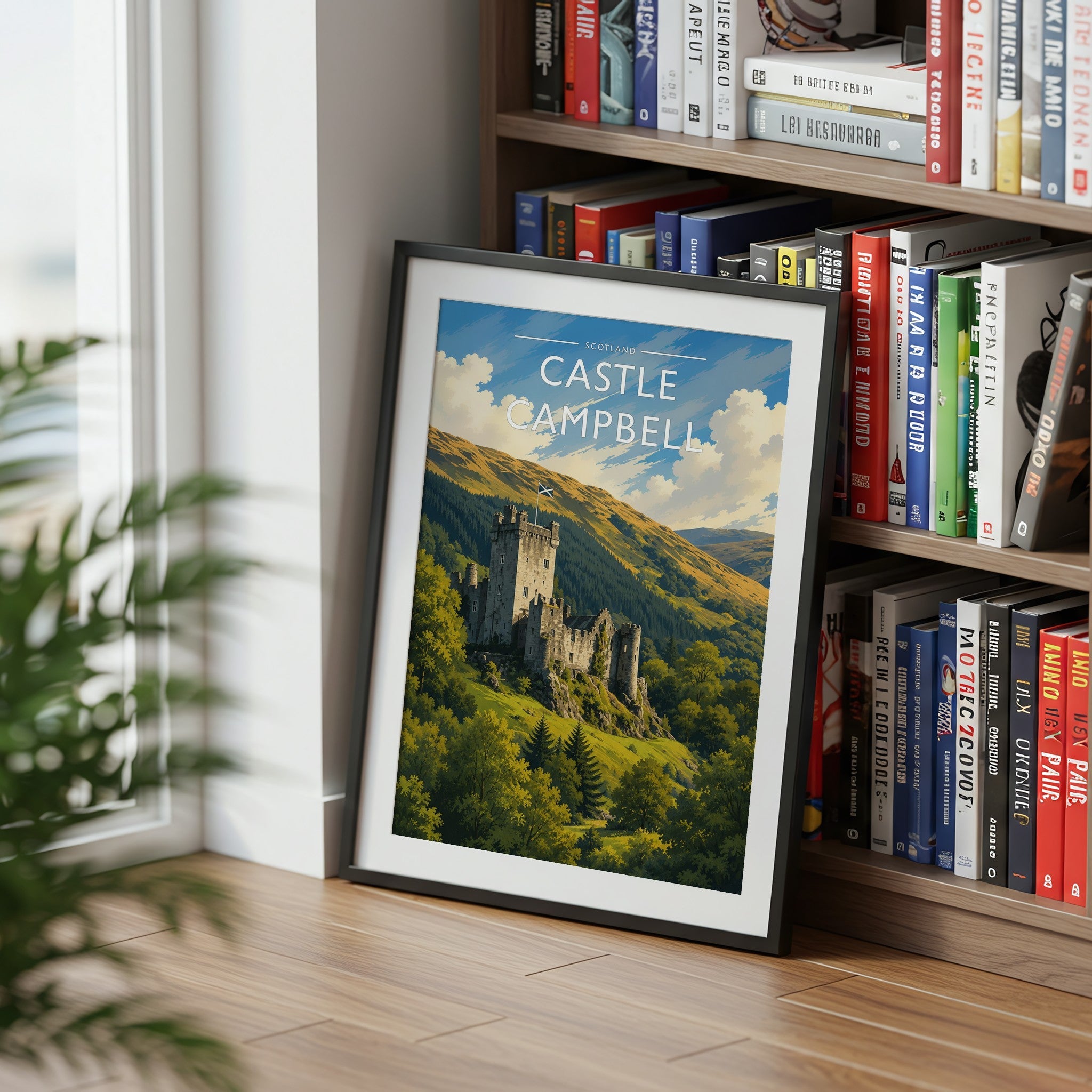 Castle Campbell Travel Poster mounted in a black frame