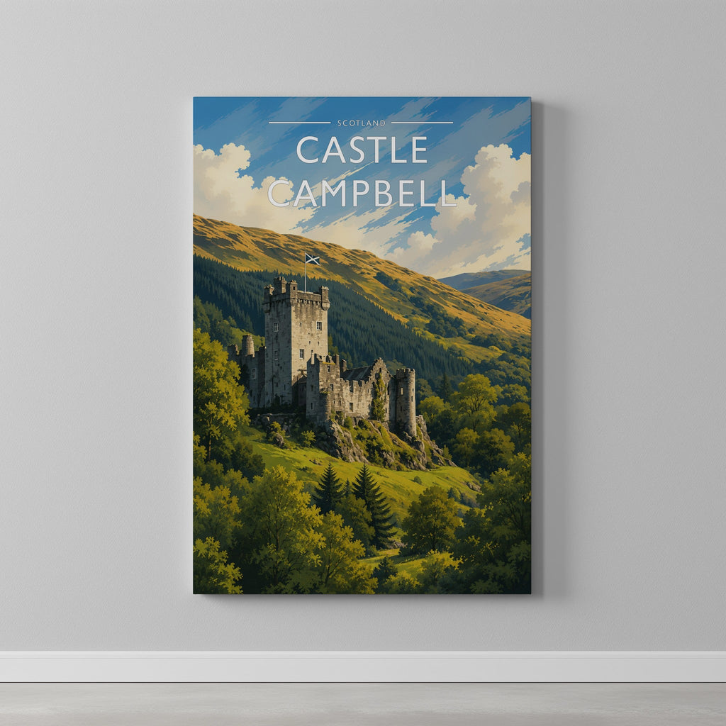 Castle Campbell Travel Poster as a gallery-wrapped canvas on a plain wall