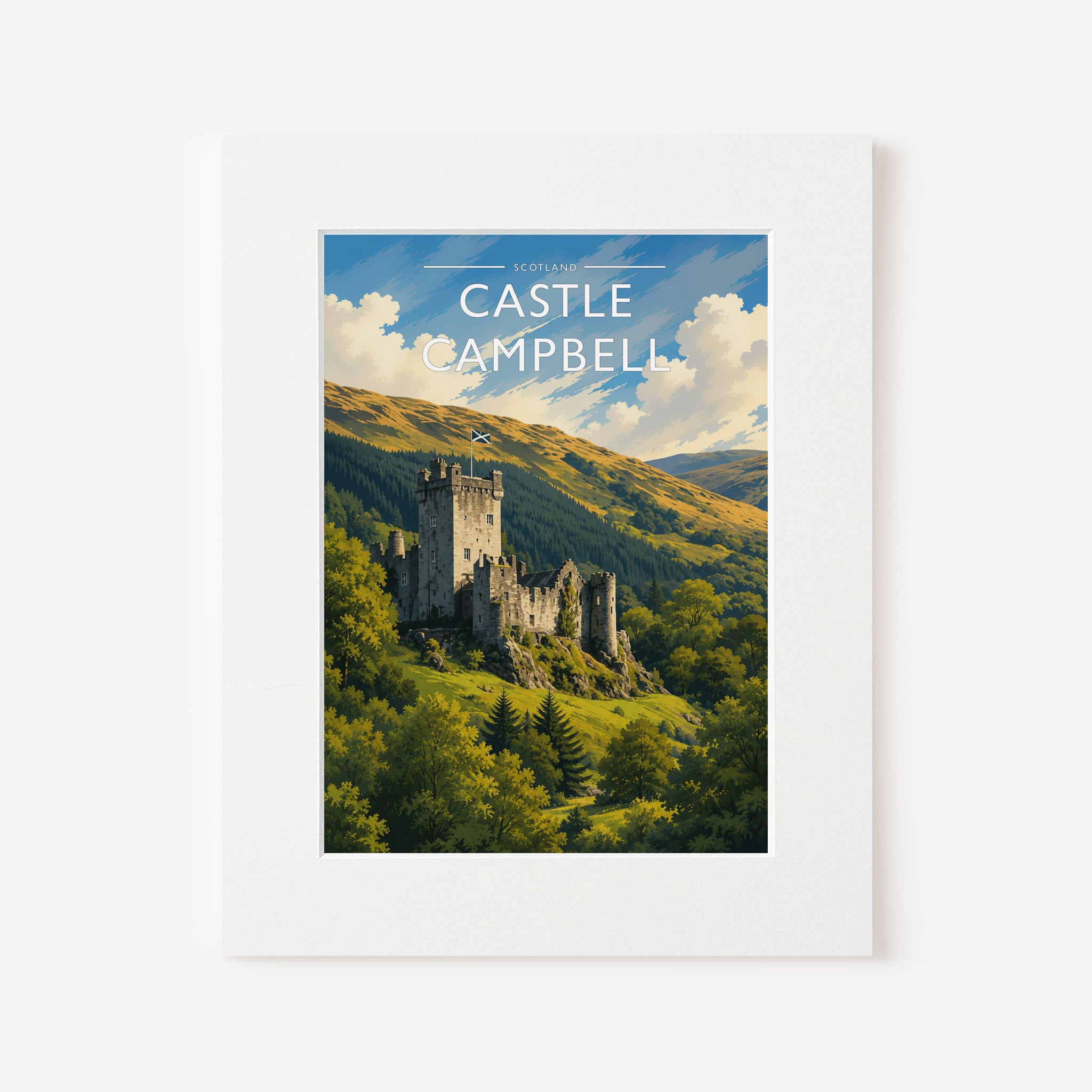 Castle Campbell Travel Poster in a white mount