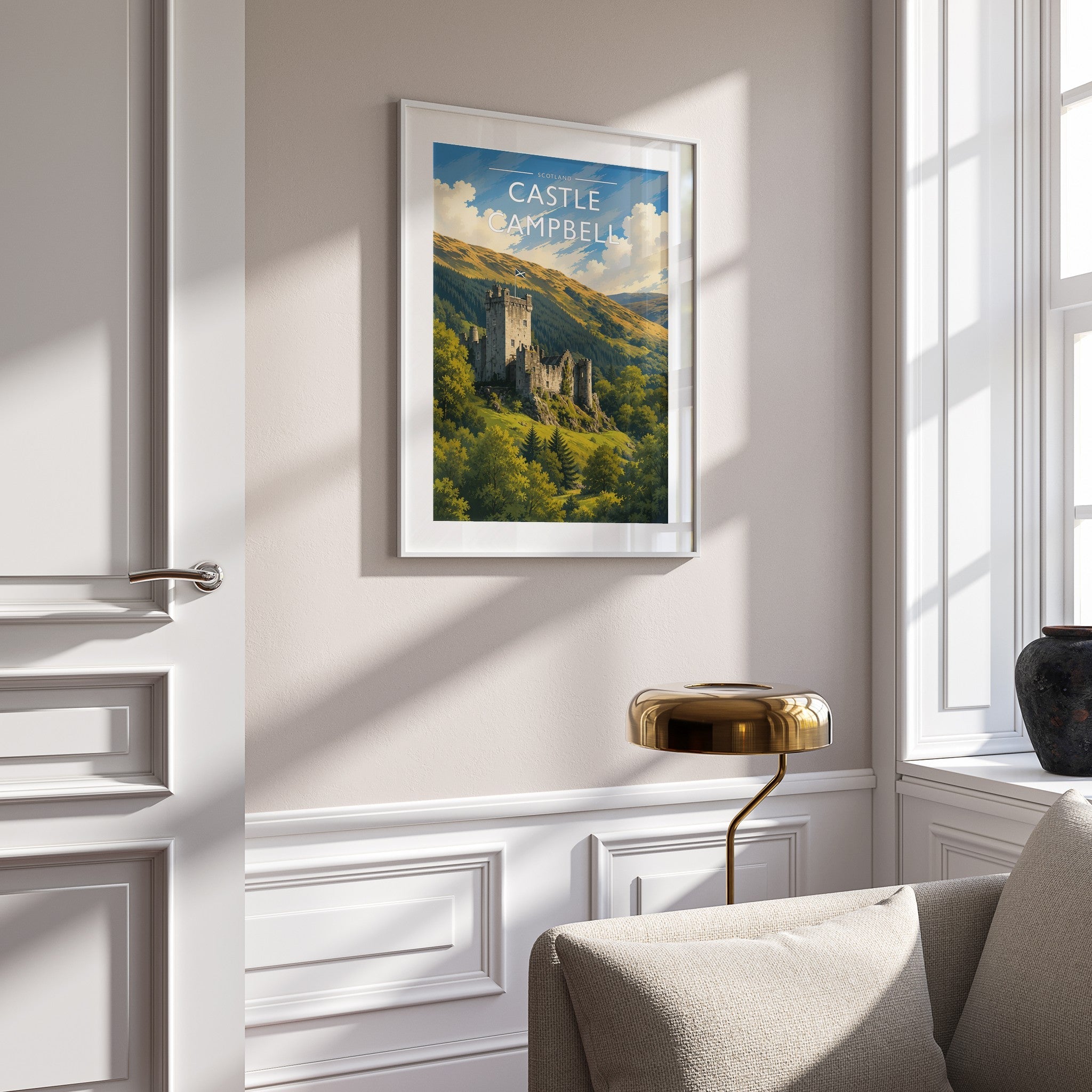 Castle Campbell Travel Poster mounted in a white frame