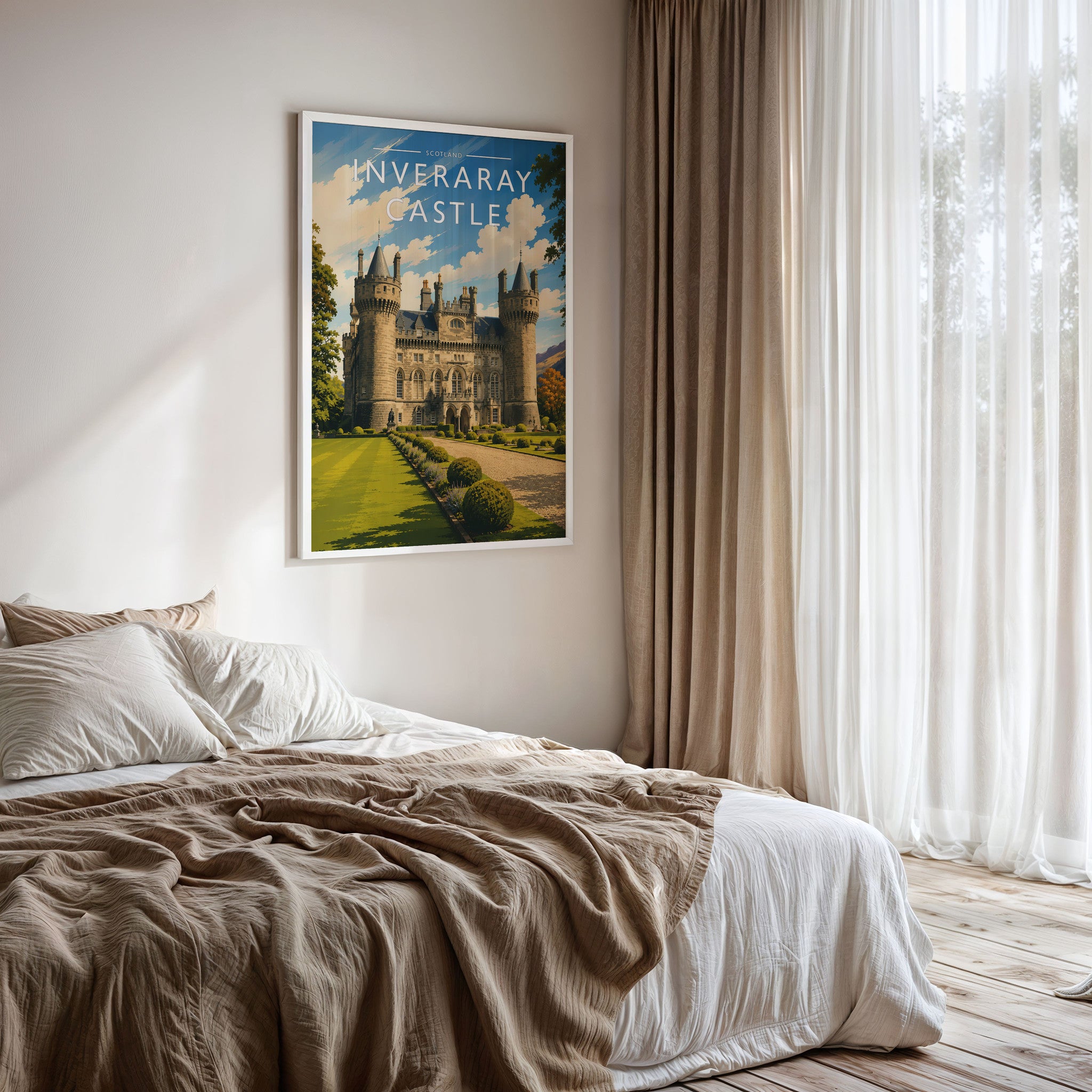 Inveraray Castle Travel Poster framed on a bedroom wall