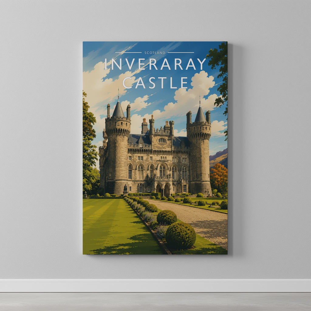 Inveraray Castle Travel Poster as a gallery-wrapped canvas on a plain wall