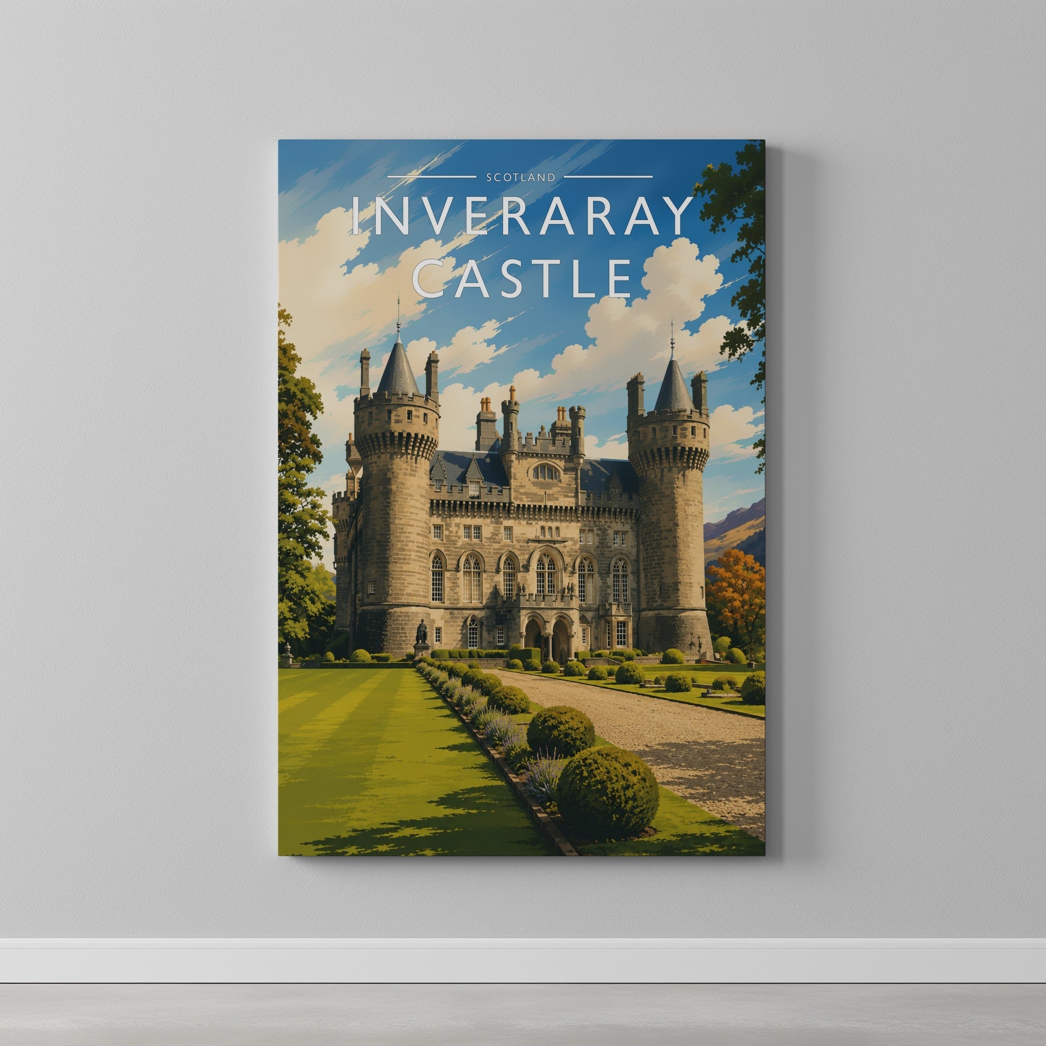 Inveraray Castle Travel Poster as a gallery-wrapped canvas on a plain wall