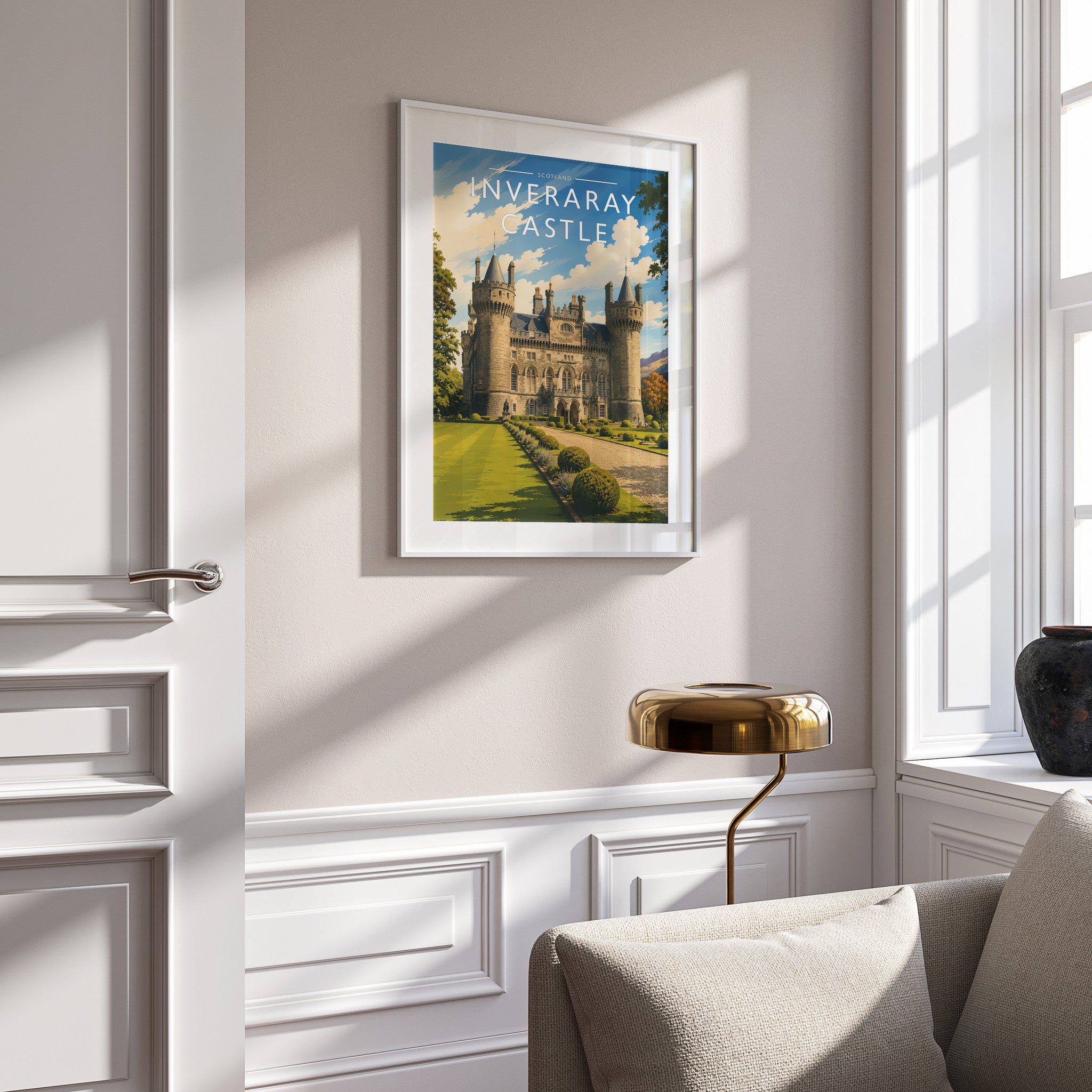 Inveraray Castle Travel Poster in a white frame on a panelled wall