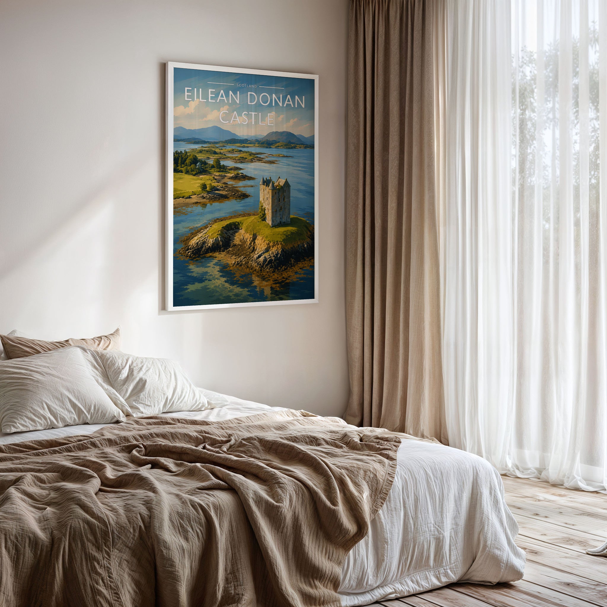 Eilean Donan Castle Travel Poster framed on a bedroom wall
