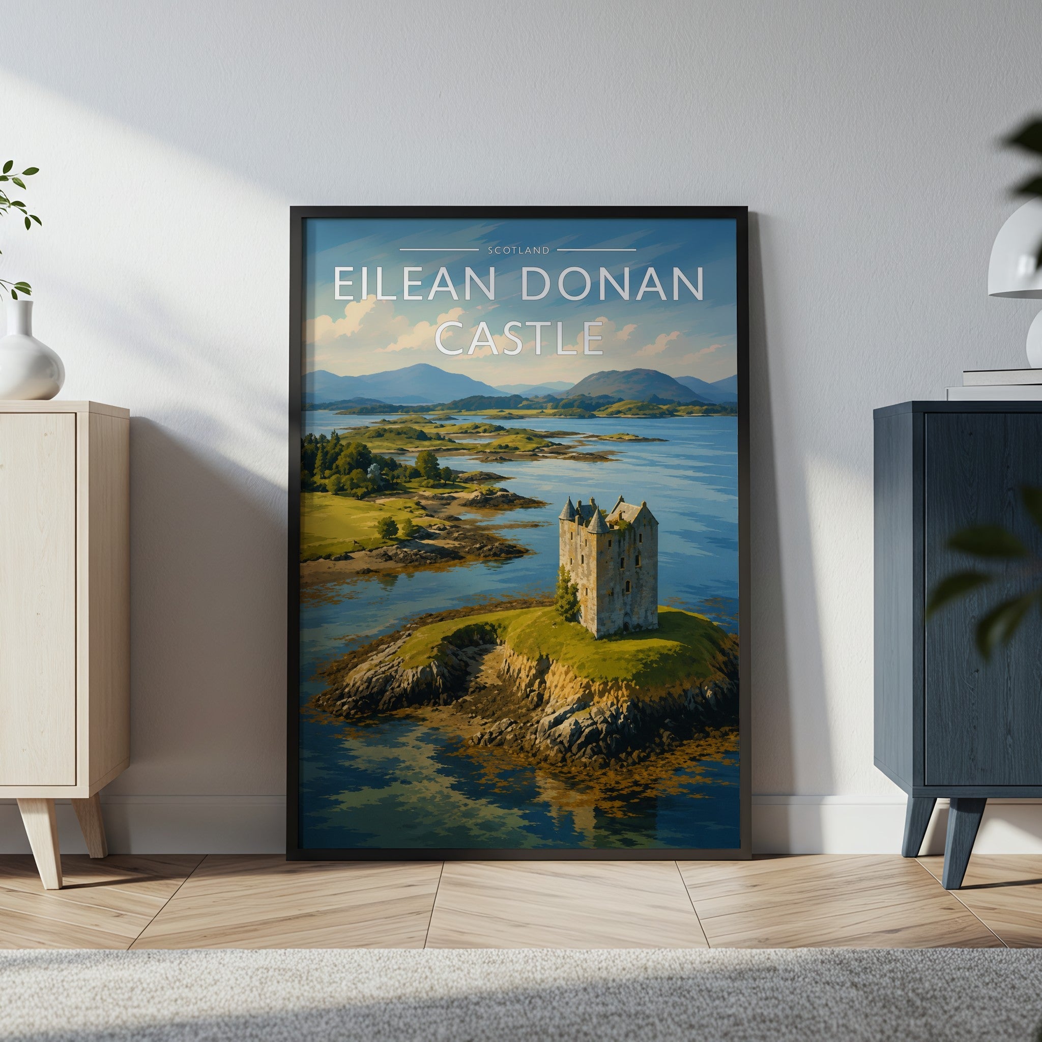 Eilean Donan Castle Travel Poster in a black frame