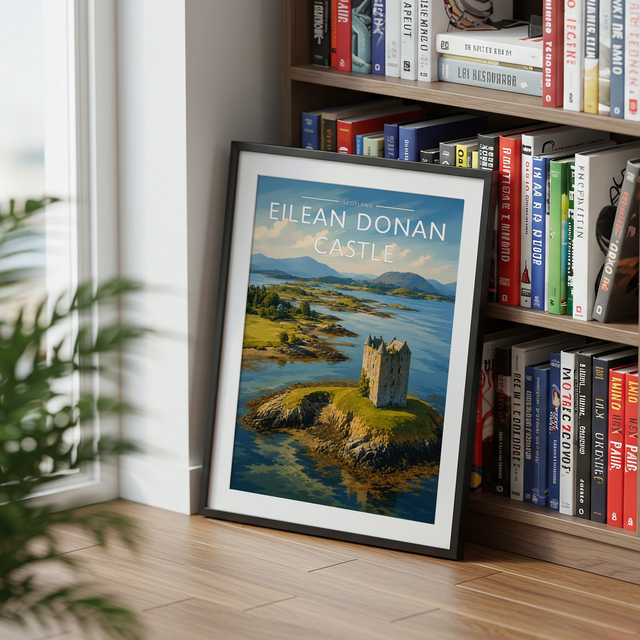 Eilean Donan Castle Travel Poster mounted in a black frame