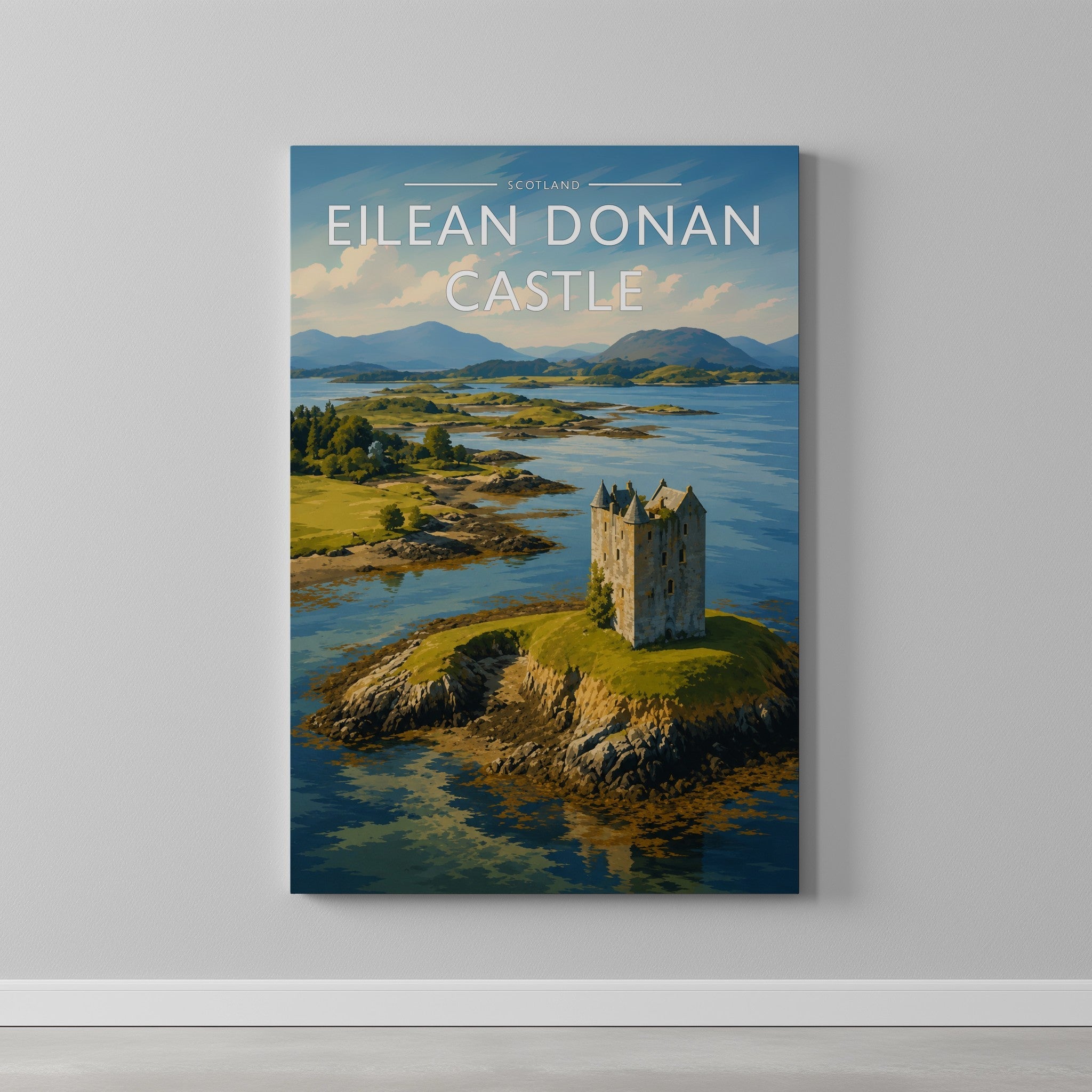 Eilean Donan Castle Travel Poster as a gallery-wrapped canvas on a plain wall