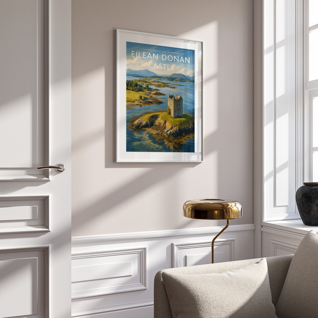 Eilean Donan Castle Travel Poster in a white frame on a panelled wall