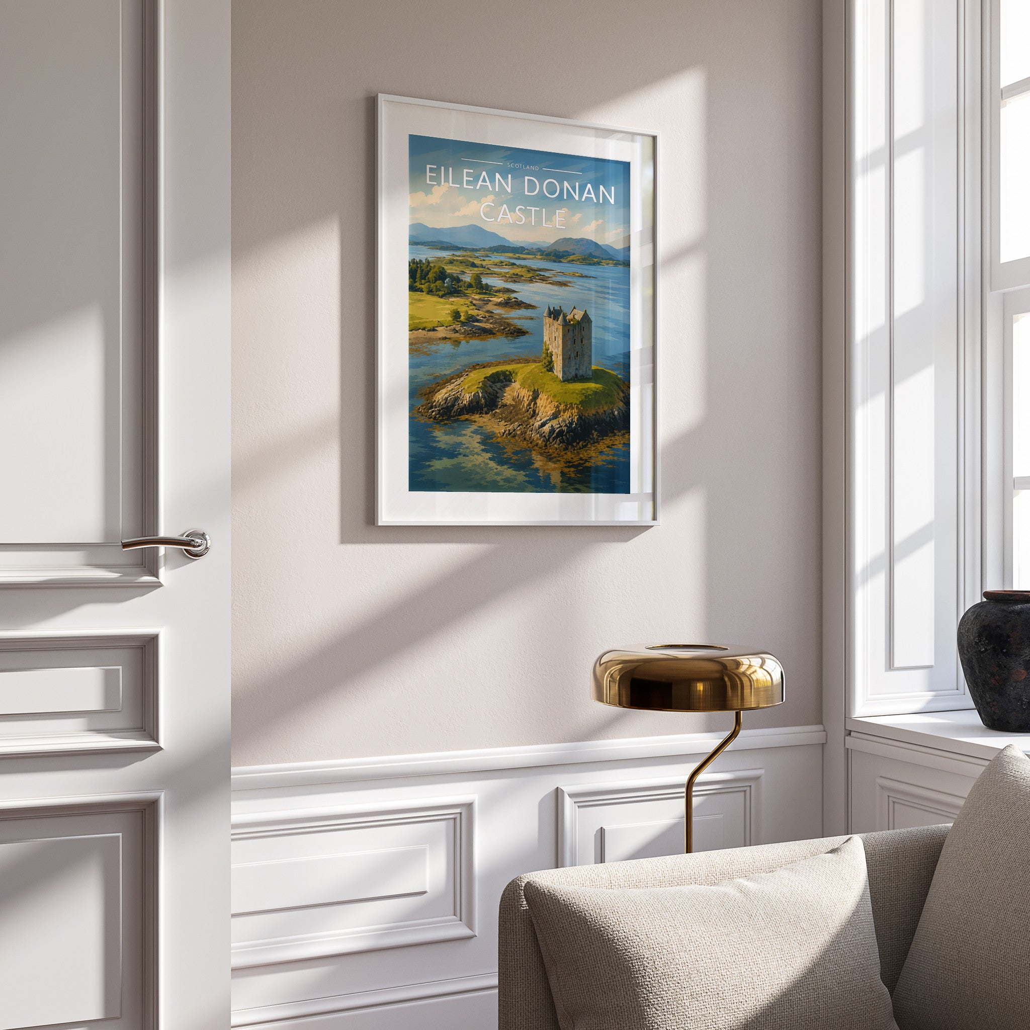 Eilean Donan Castle Travel Poster in a white frame on a panelled wall