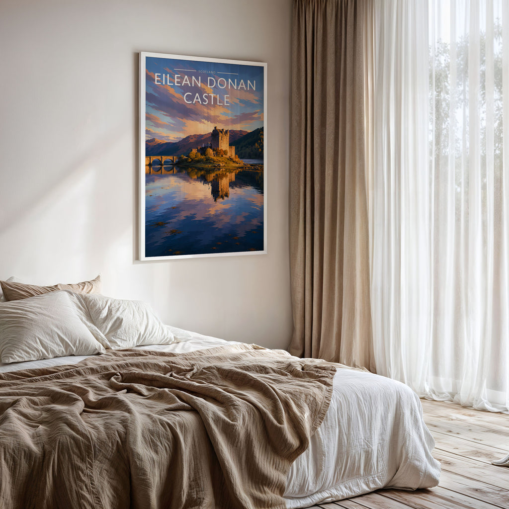 Eilean Donan Castle #2 Travel Poster framed on a bedroom wall