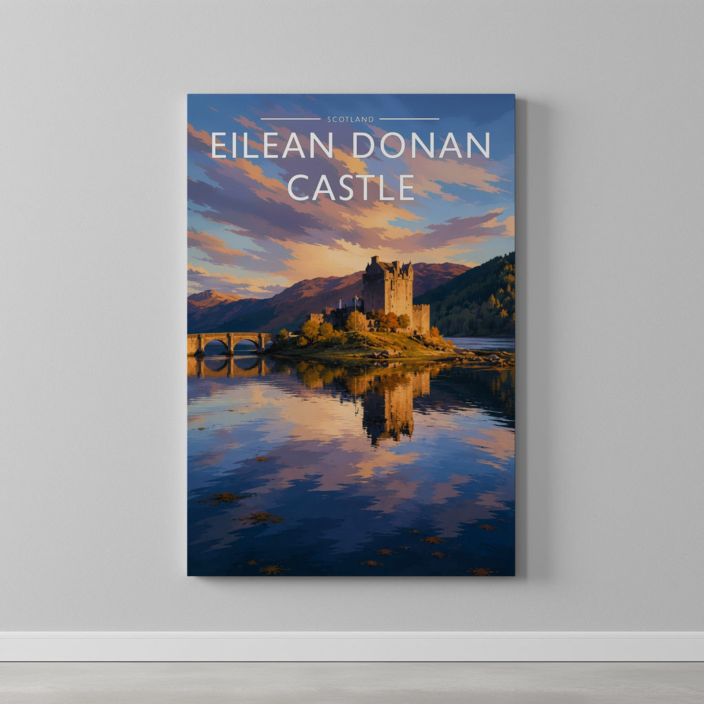 Eilean Donan Castle #2 Travel Poster as a gallery-wrapped canvas on a plain wall