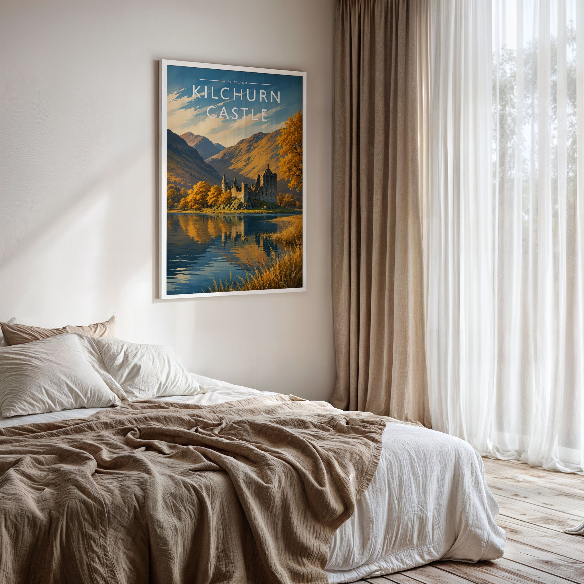 Kilchurn Castle Travel Poster framed on a bedroom wall