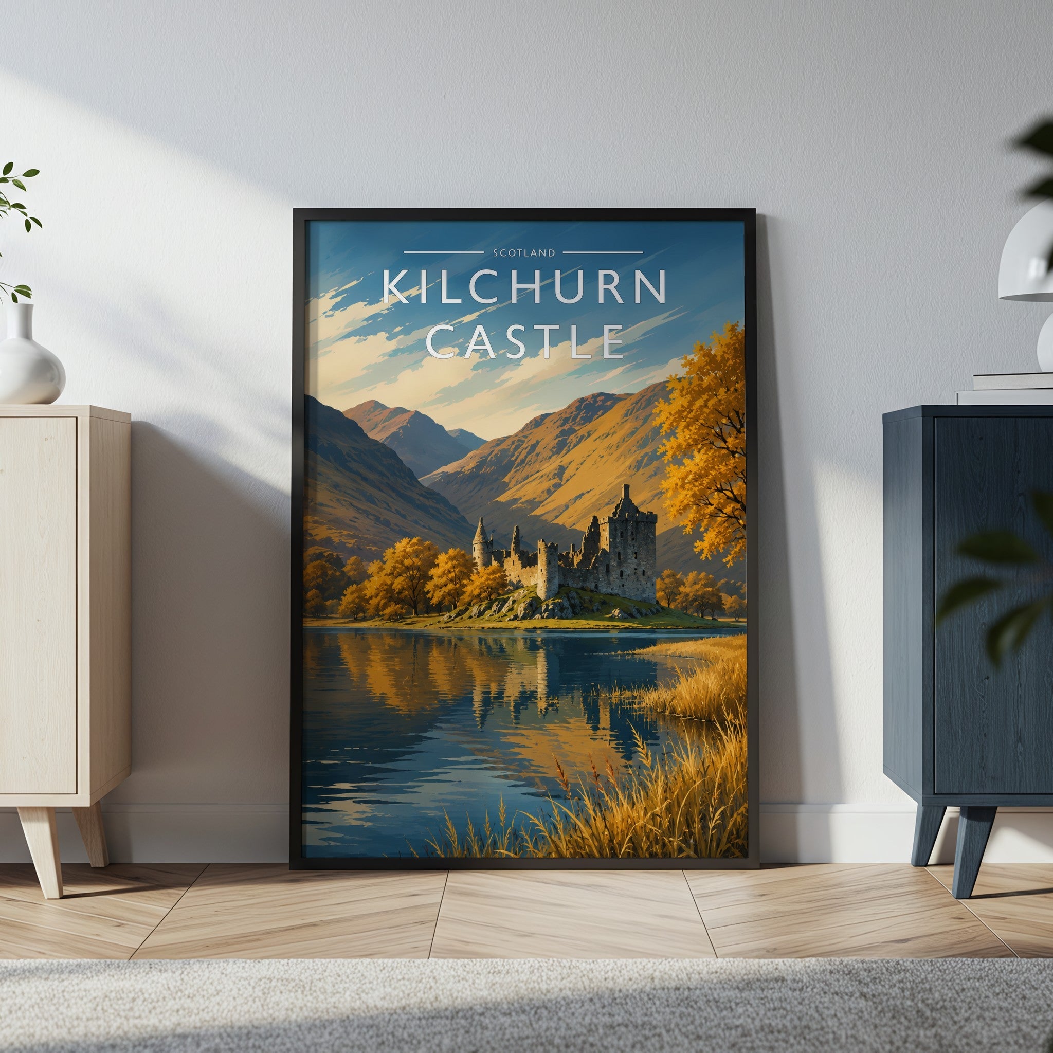Kilchurn Castle Travel Poster in a black frame