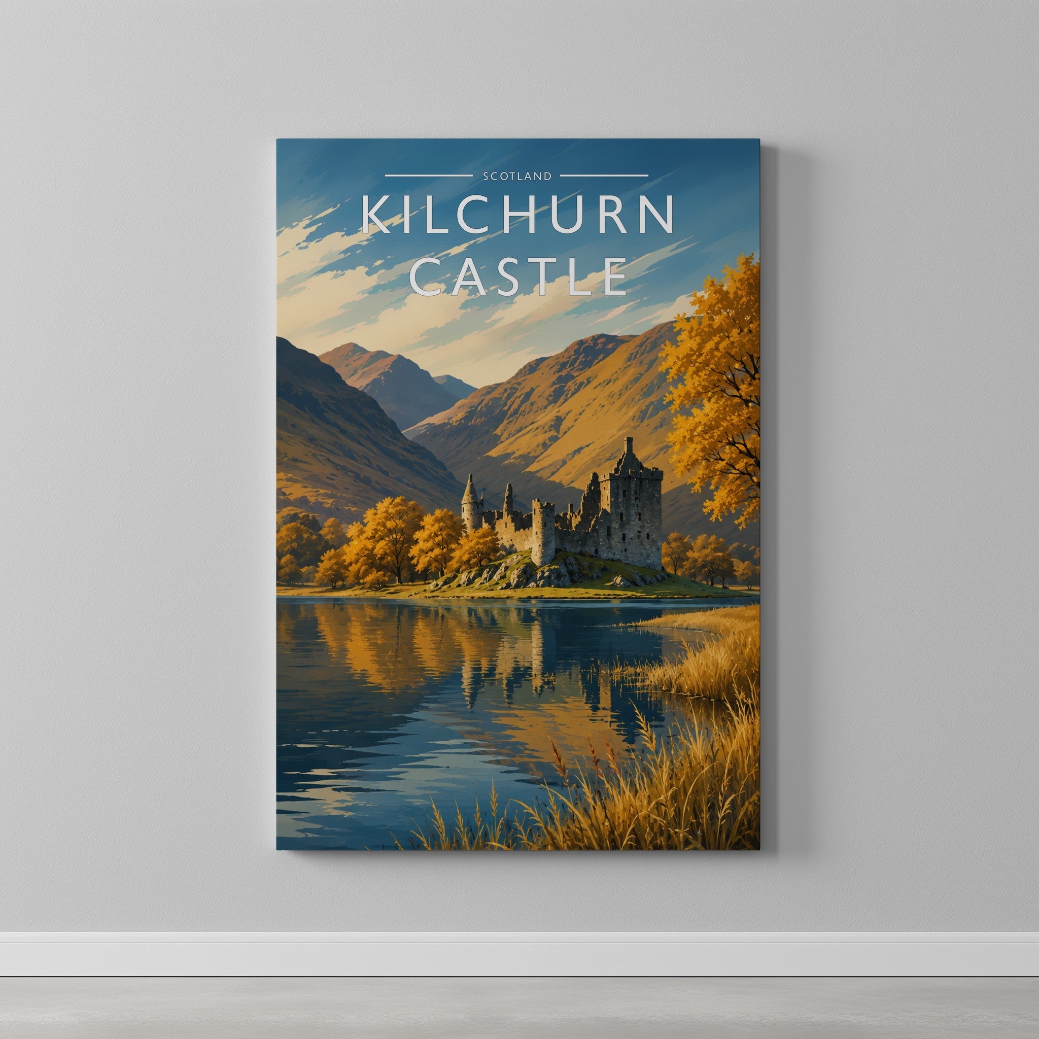 Kilchurn Castle Travel Poster as a gallery-wrapped canvas on a plain wall
