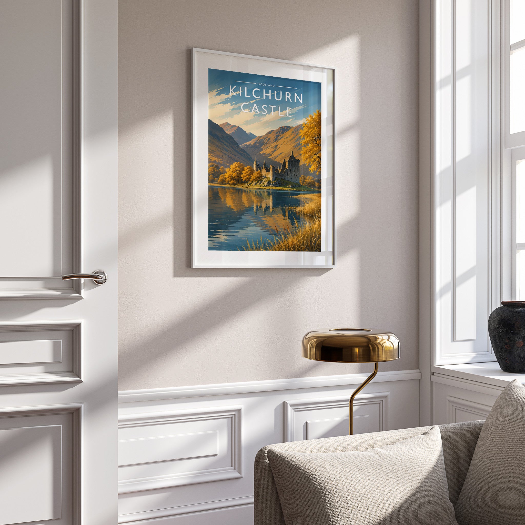 Kilchurn Castle Travel Poster in a white frame on a panelled wall