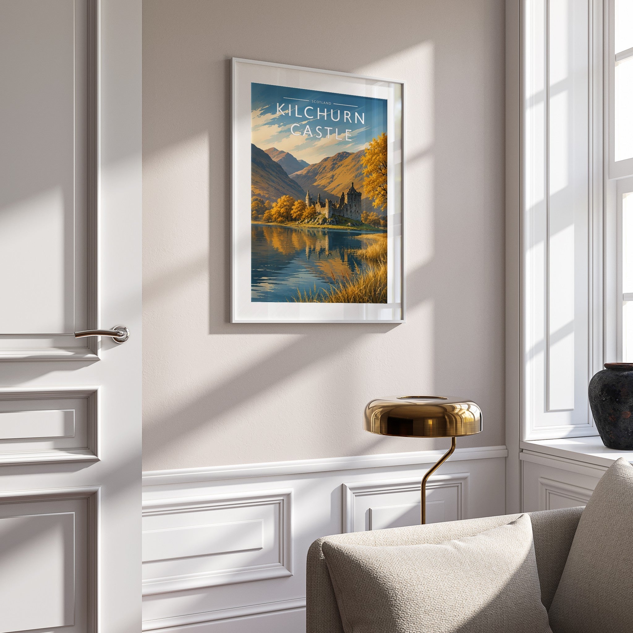 Kilchurn Castle Travel Poster mounted in a white frame