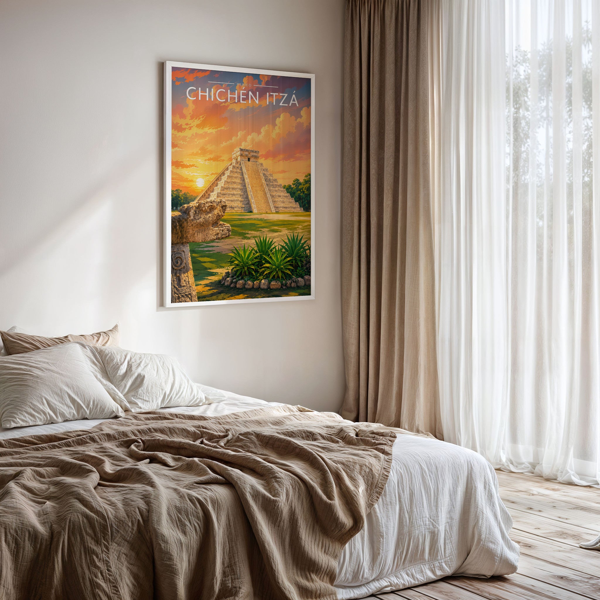 Chichén Itzá #2 Travel Poster framed on a bedroom wall