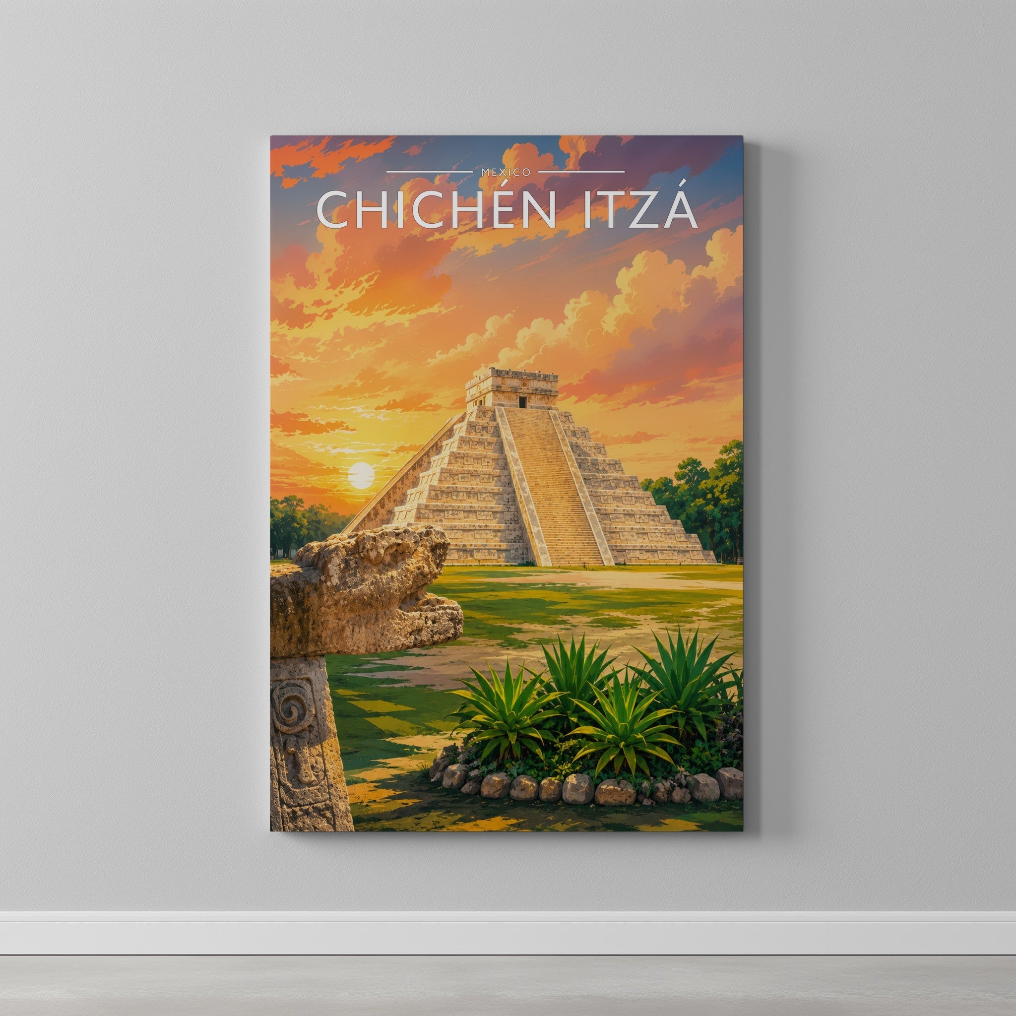 Chichén Itzá #2 Travel Poster as a gallery-wrapped canvas on a plain wall