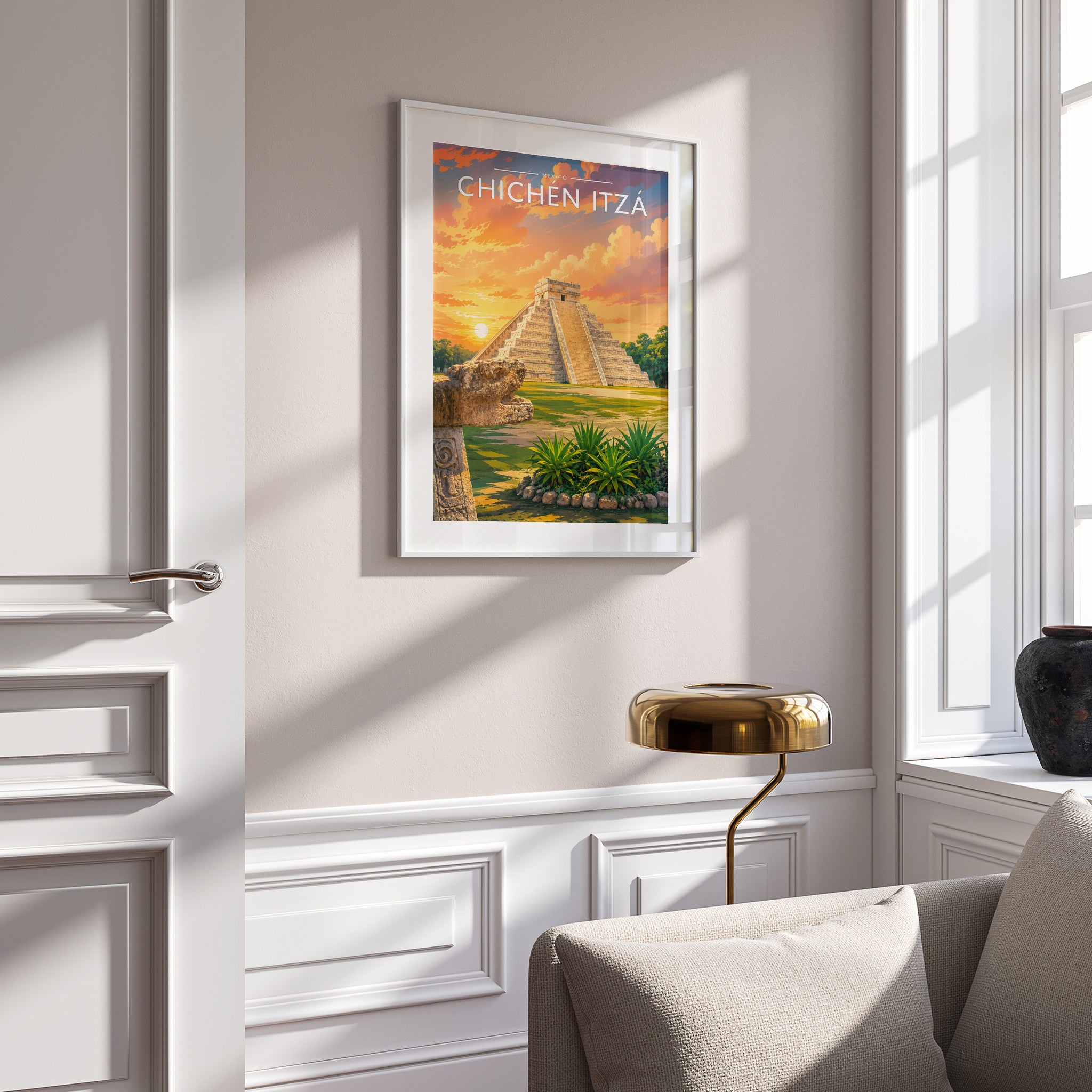 Chichén Itzá #2 Travel Poster in a white frame on a panelled wall