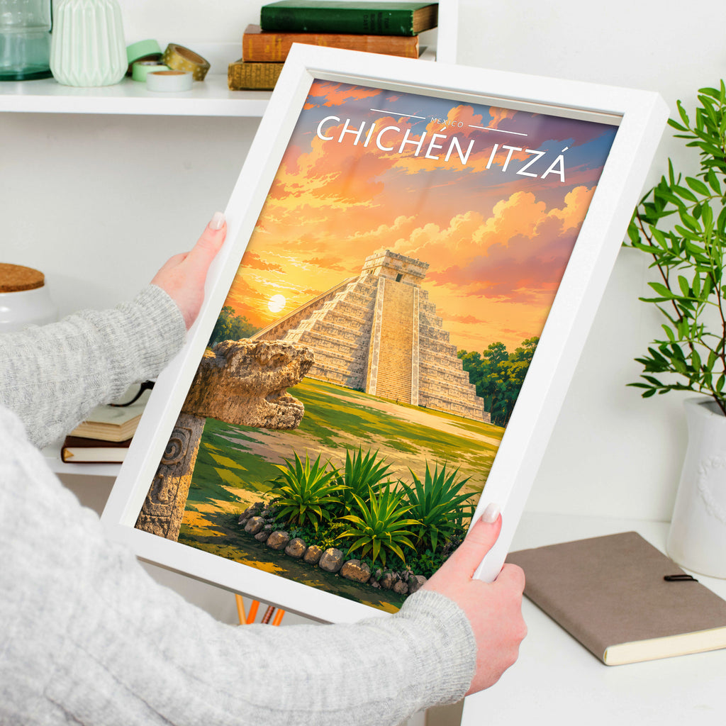 Chichén Itzá #2 Travel Poster in a white frame, held to show scale