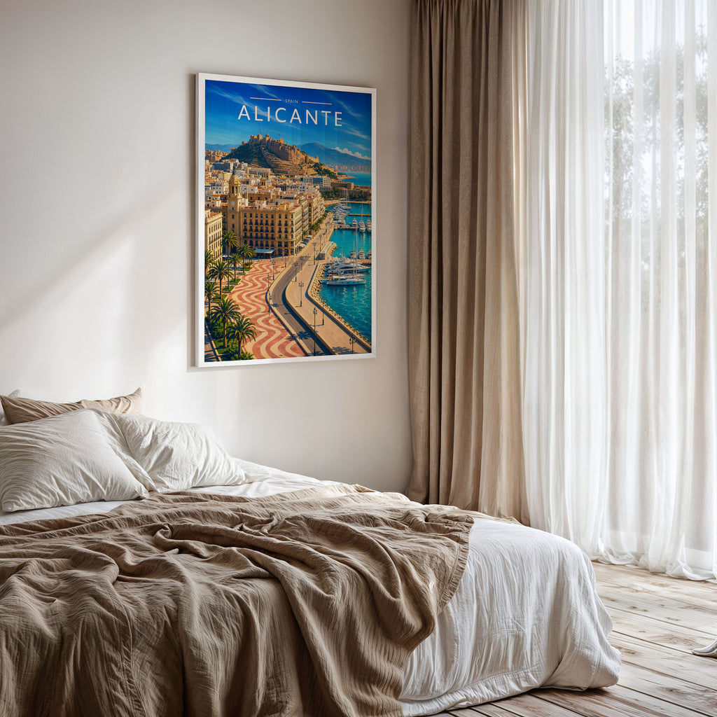 Alicante #4 Travel Poster framed on a bedroom wall