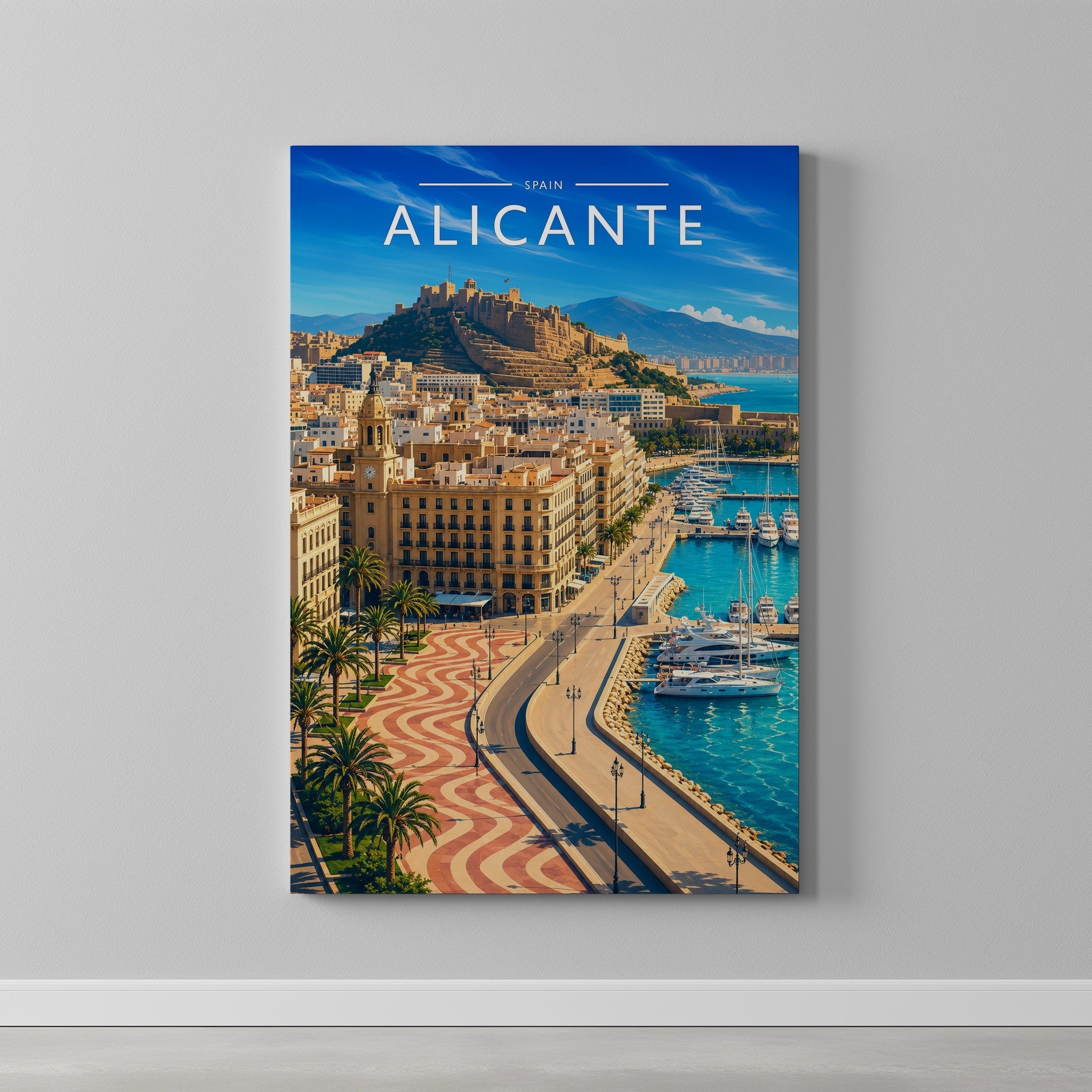 Alicante #4 Travel Poster as a gallery-wrapped canvas on a plain wall