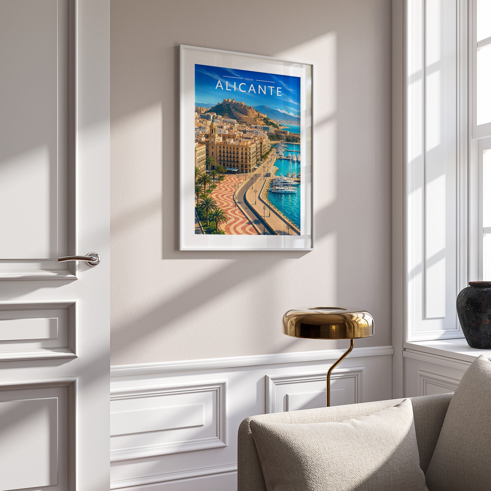 Alicante #4 Travel Poster in a white frame on a panelled wall