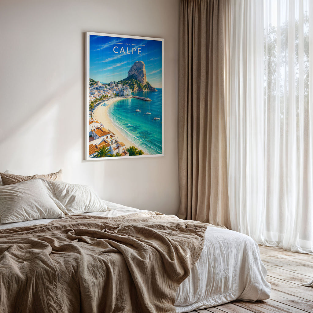 Calpe Travel Poster framed on a bedroom wall